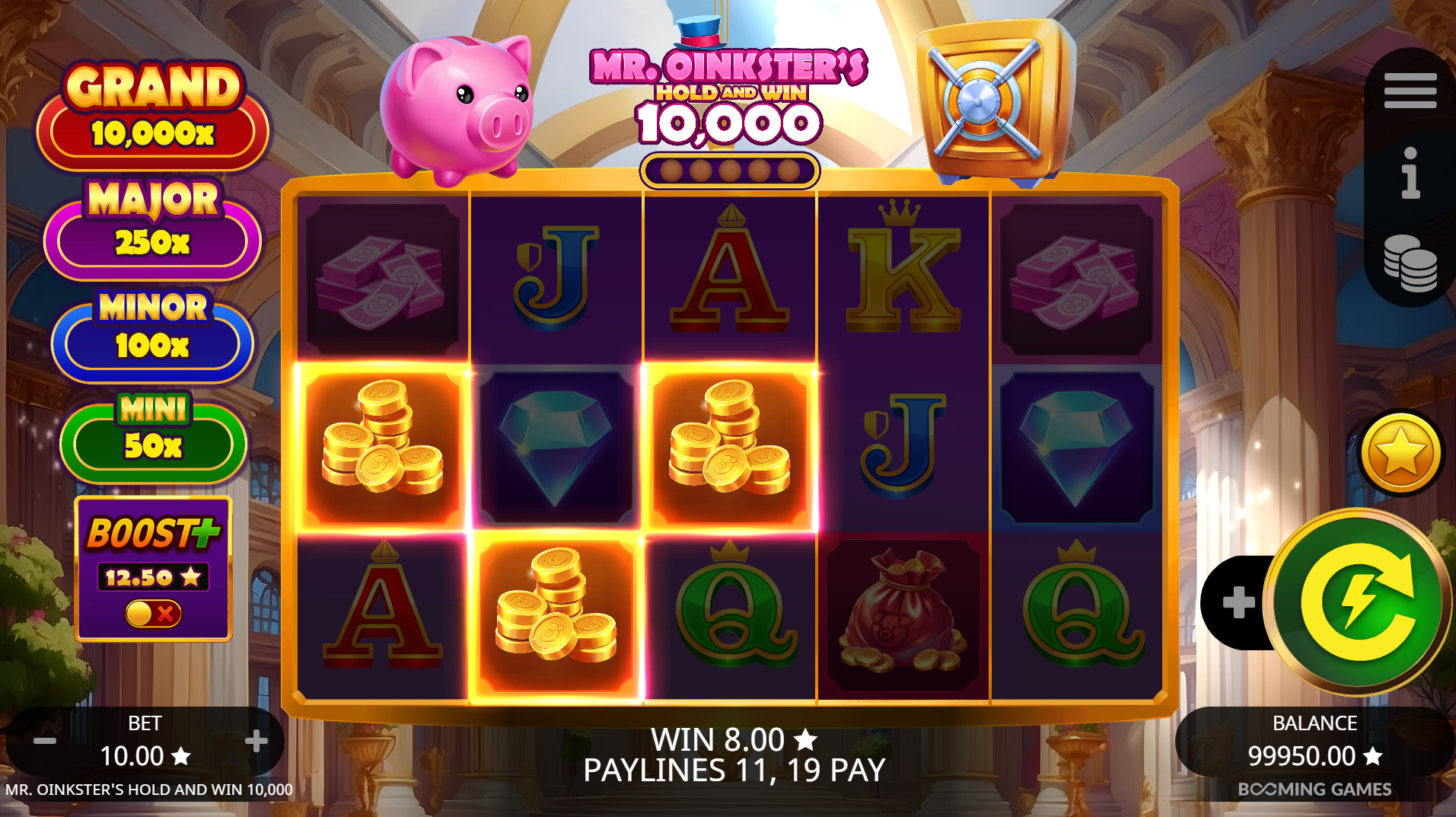 Mr. Oinkster's Hold & Win 10,000 base game showing the 5x3 reel grid with piggy bank and vault symbols