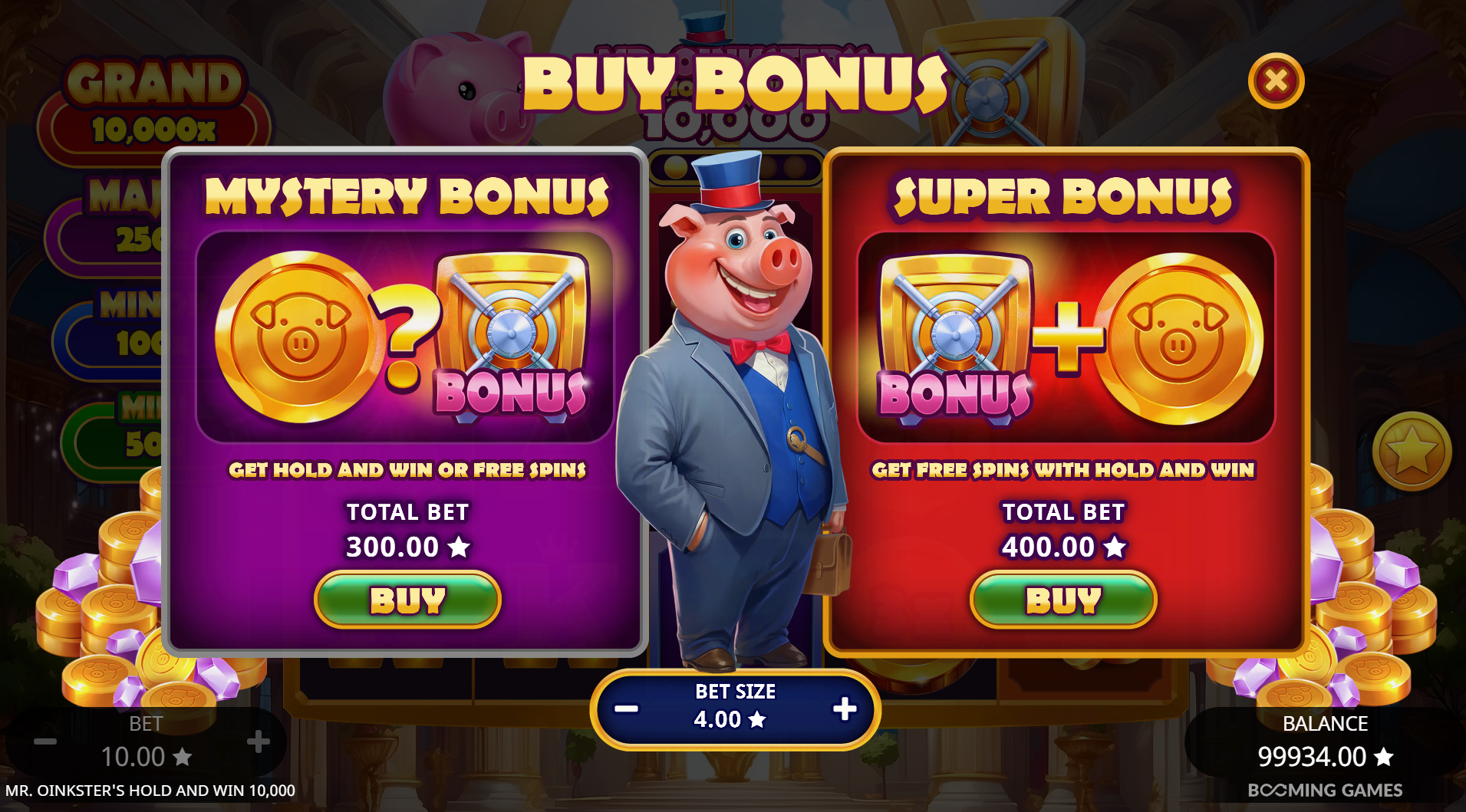 Mr. Oinkster's Hold & Win 10,000 bonus buy options - Mystery Bonus at 75x and Super Bonus at 100x stake