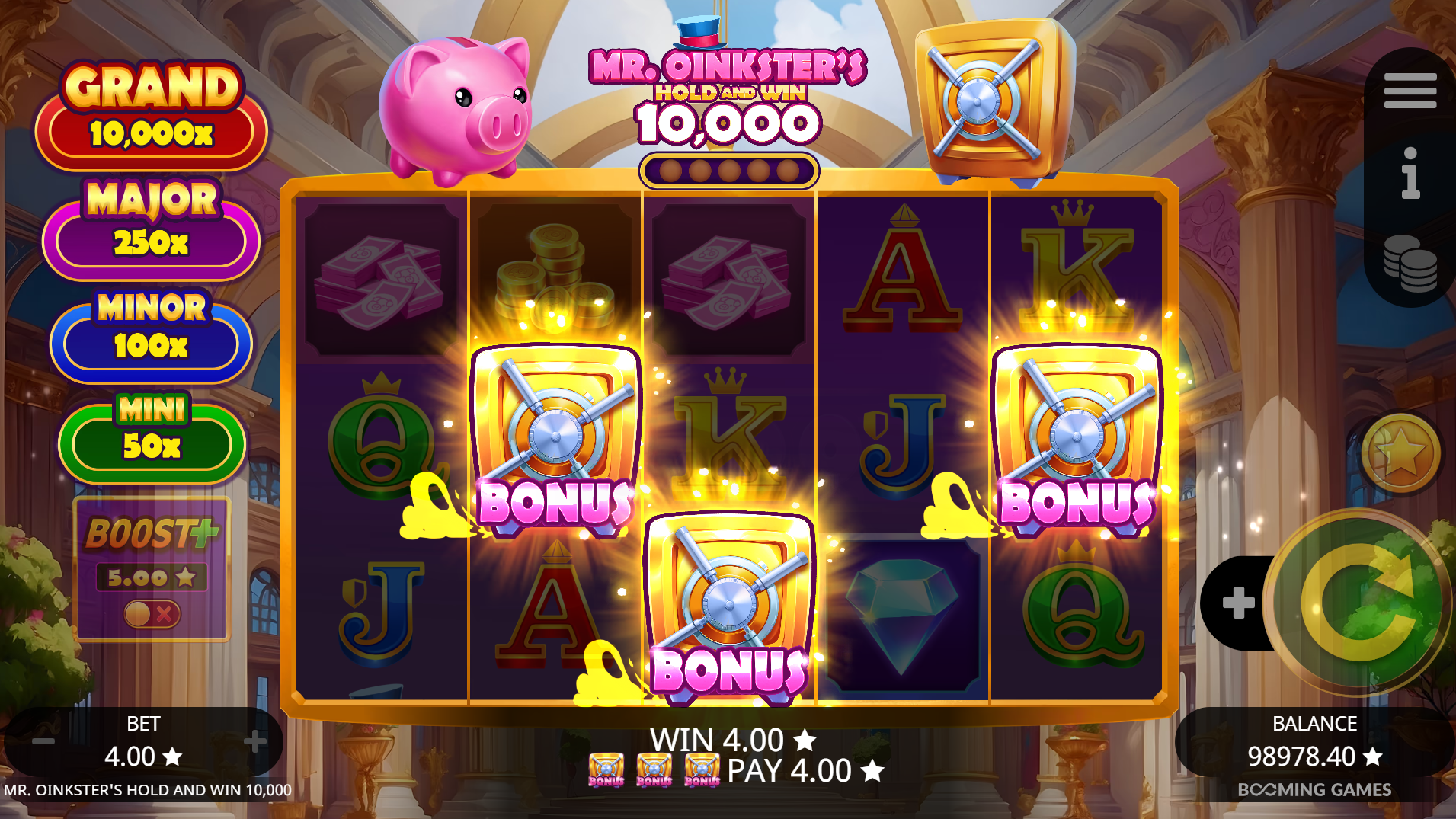 Mr. Oinkster's Hold & Win 10,000 bonus symbols including piggy bank coins and vault icons