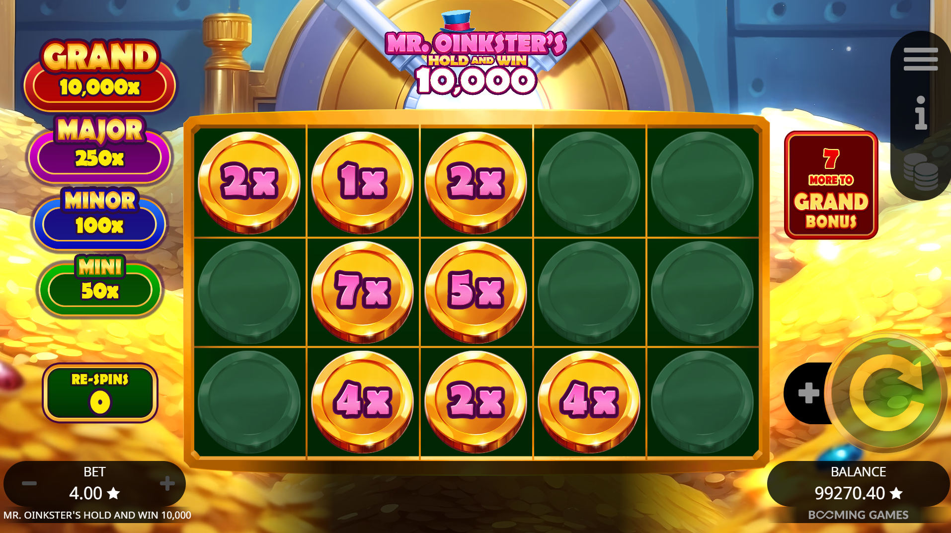Mr. Oinkster's Hold & Win 10,000 Hold and Win bonus round with coin symbols locked in place