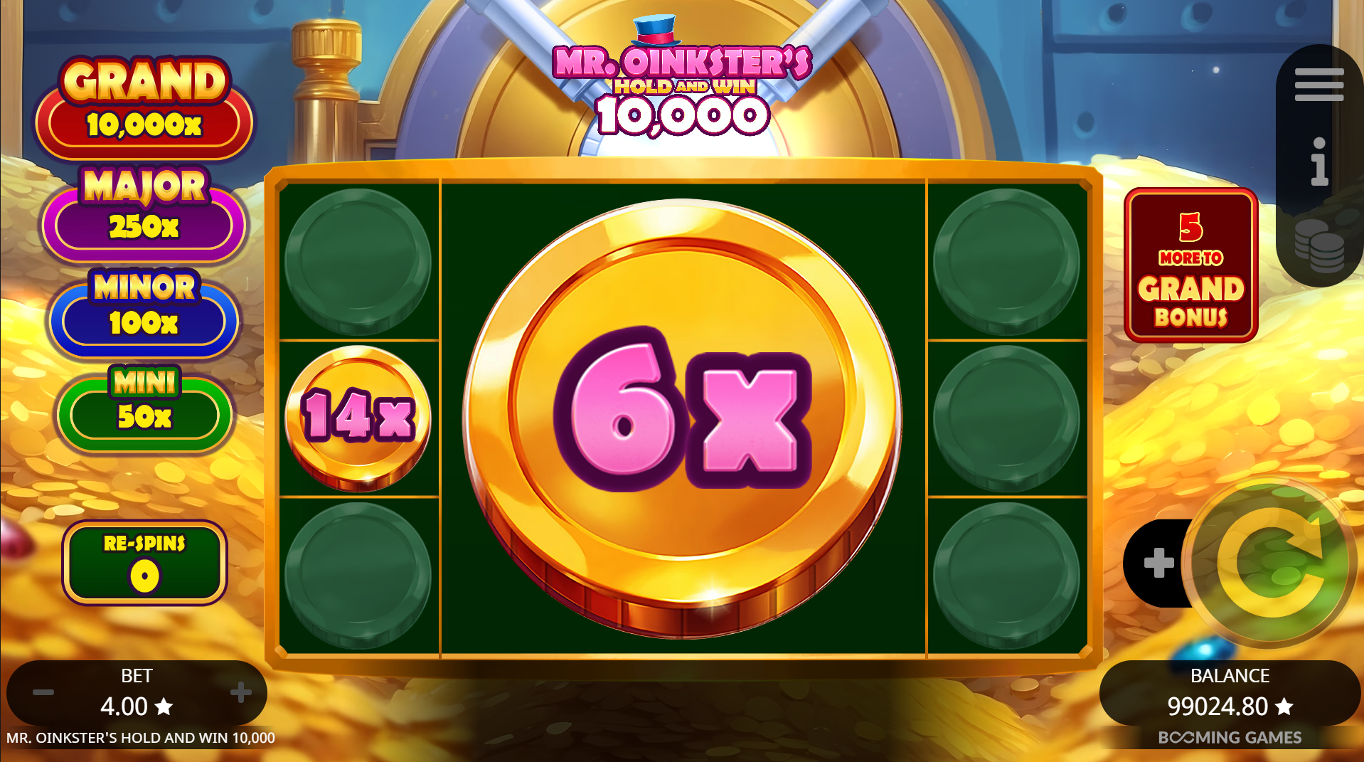 Mr. Oinkster's Hold & Win 10,000 Hold and Win feature triggered during the Super Bonus round