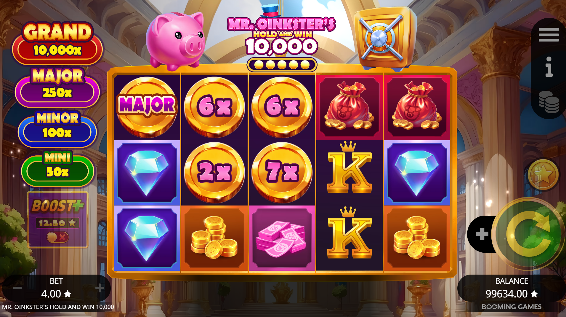 Mr. Oinkster's Hold & Win 10,000 Mystery Bonus round accessed via the 75x bonus buy