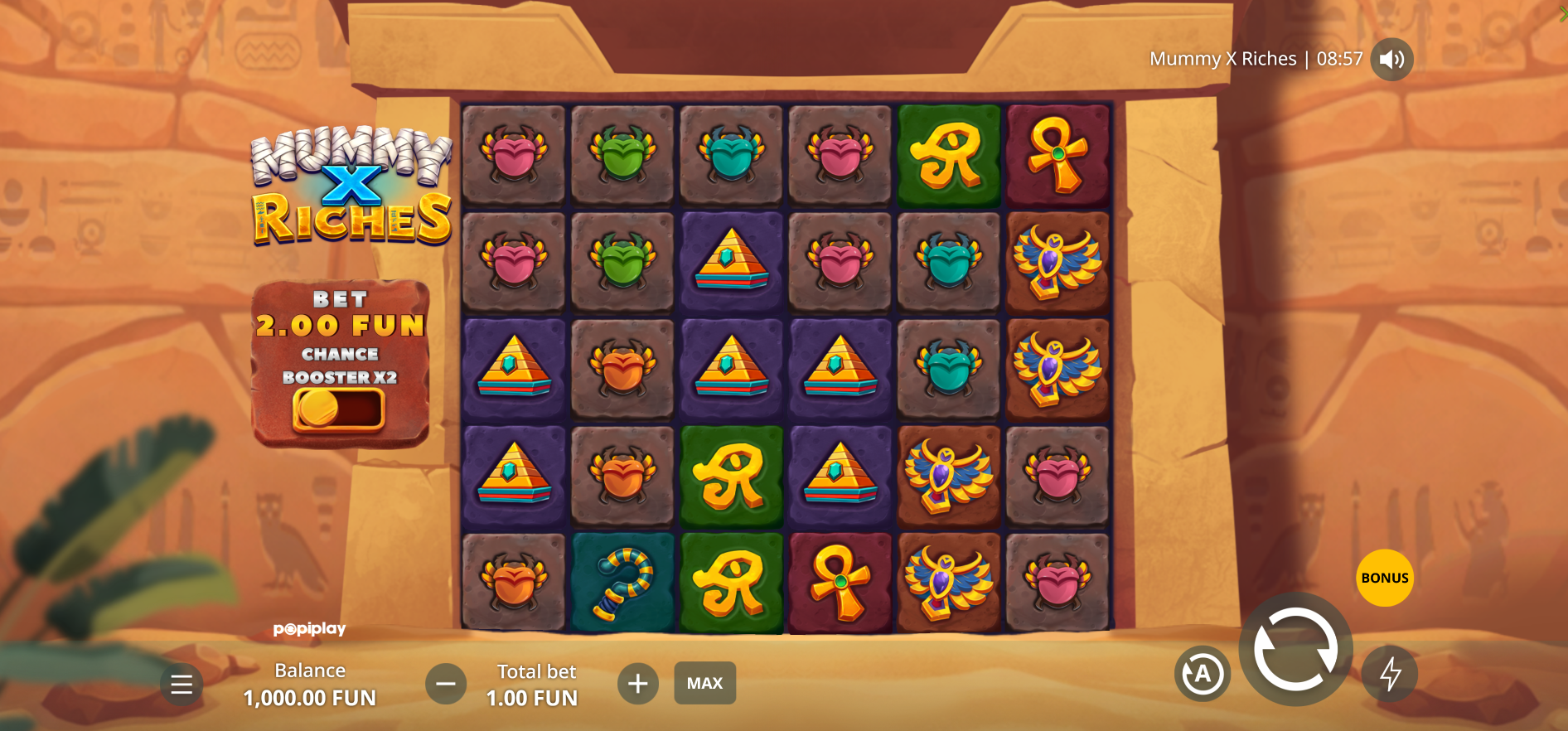 Mummy X Riches base game play on the 6x5 grid