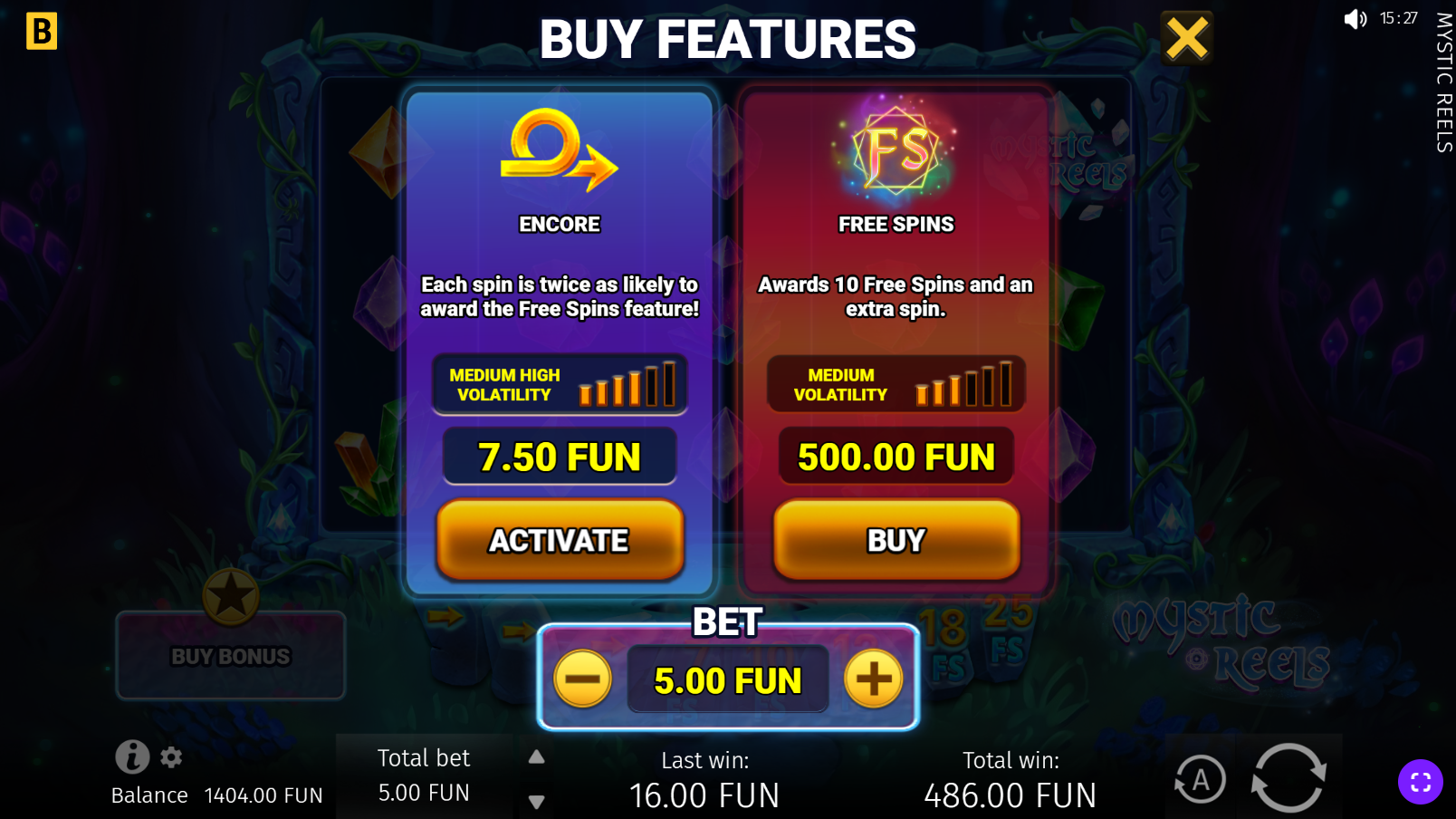 Mystic Reels bonus buy options including Buy a Bonus and Encore mode