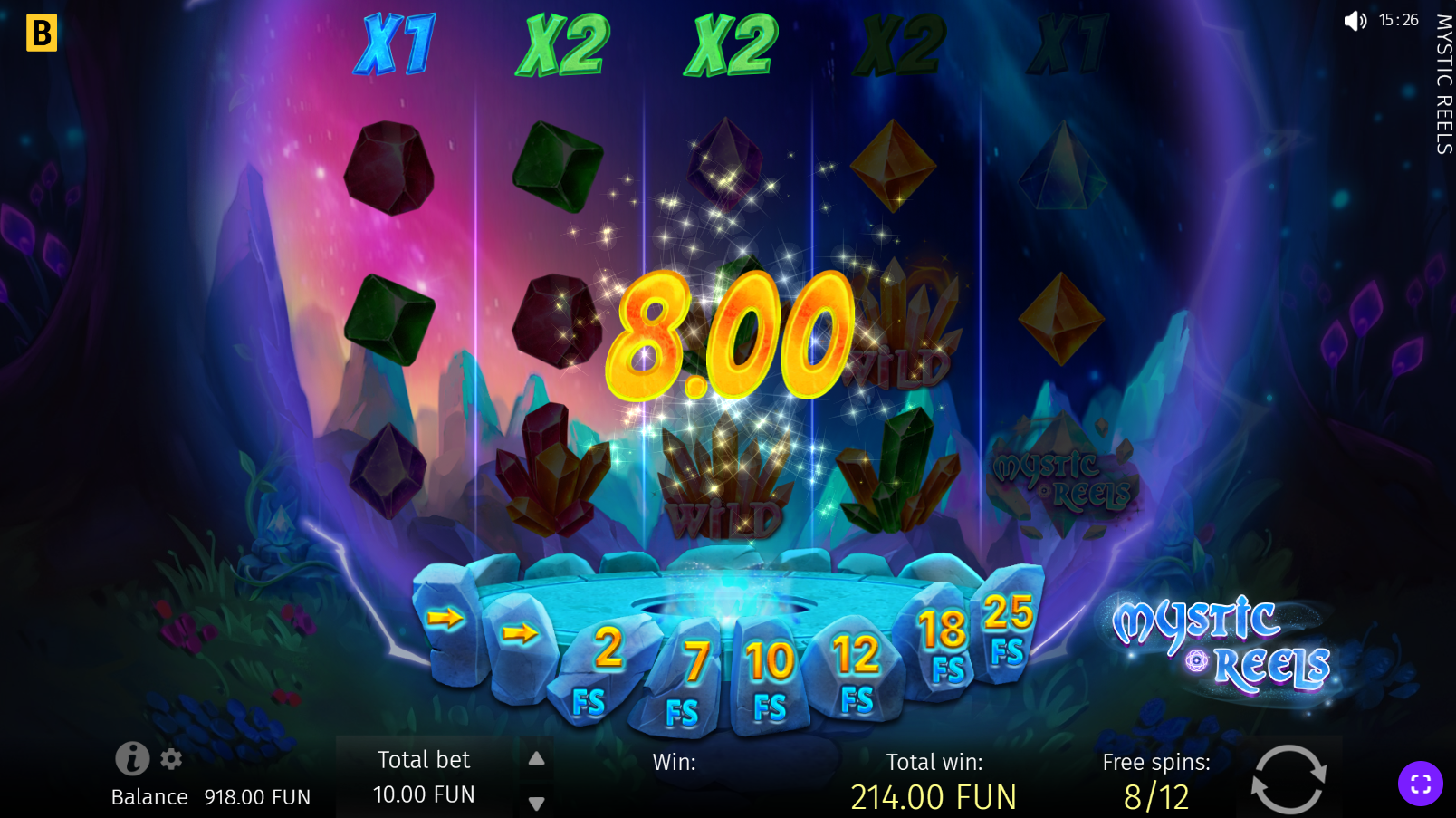 Mystic Reels reel multipliers active during the Free Spins bonus round