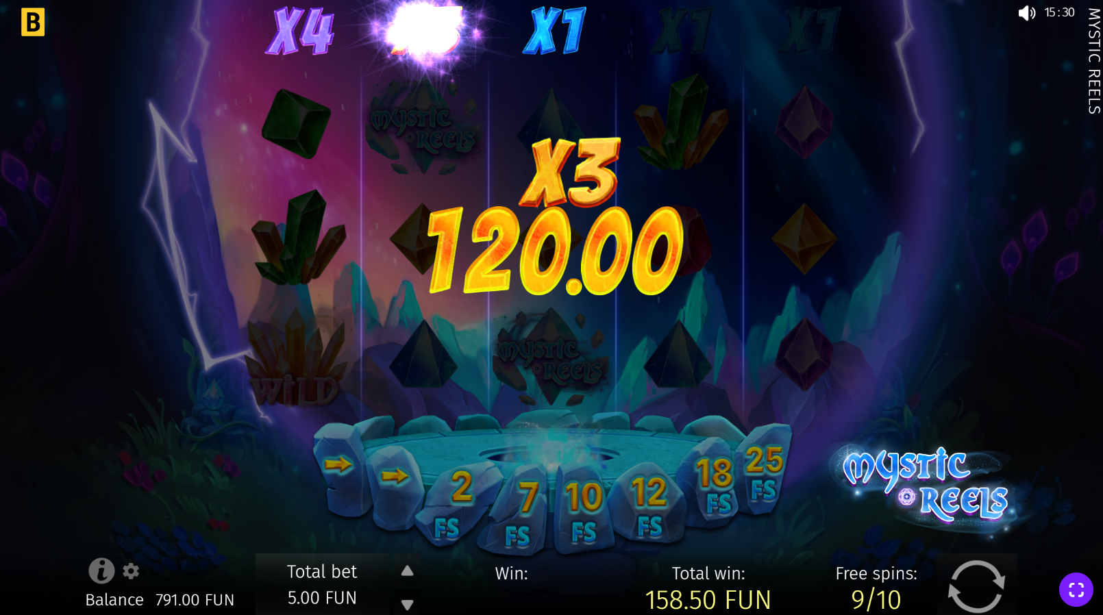 Mystic Reels triple reel multipliers active during Free Spins