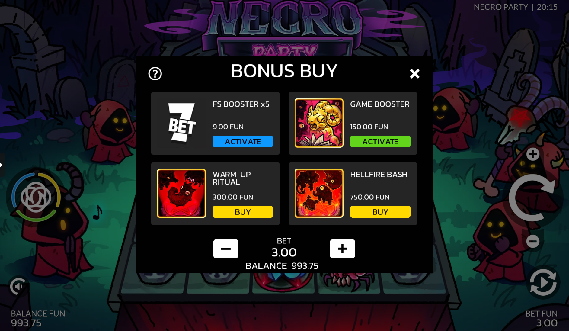 Necro Party bonus buy options menu showing all four purchase options