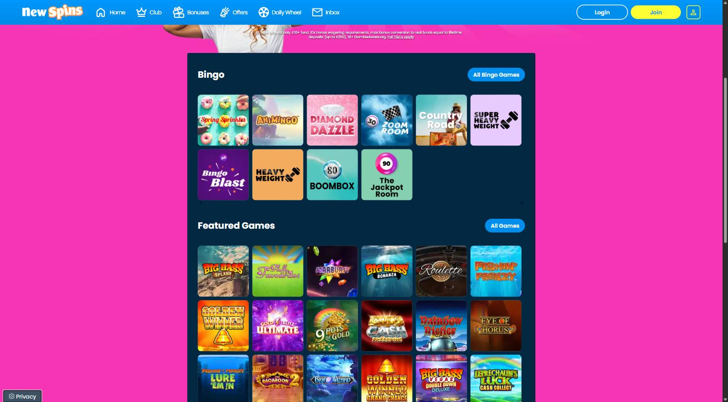 New Spins bingo rooms and featured slots lobby