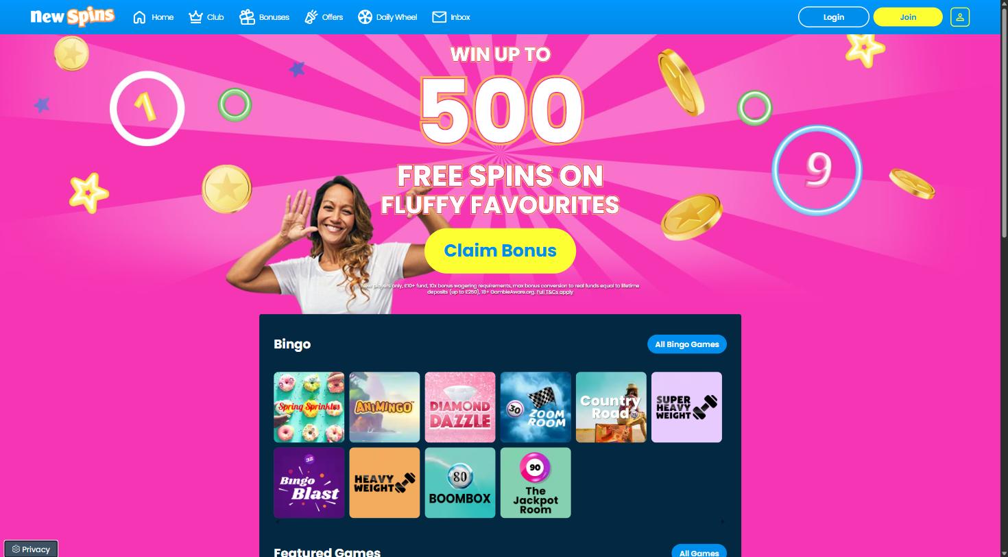 New Spins casino homepage with the 500 free spins on Fluffy Favourites welcome offer