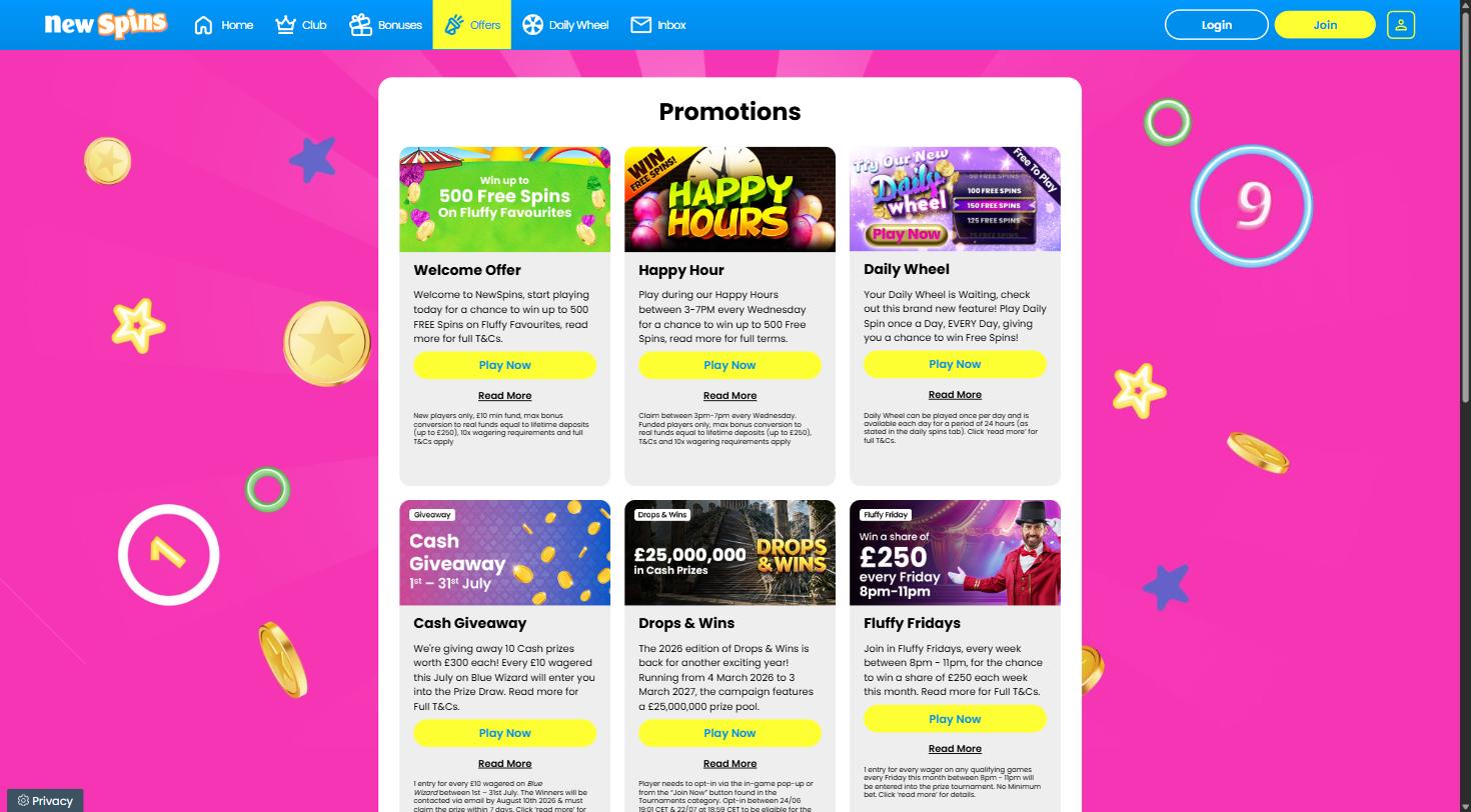 New Spins promotions page with the welcome offer and Daily Wheel