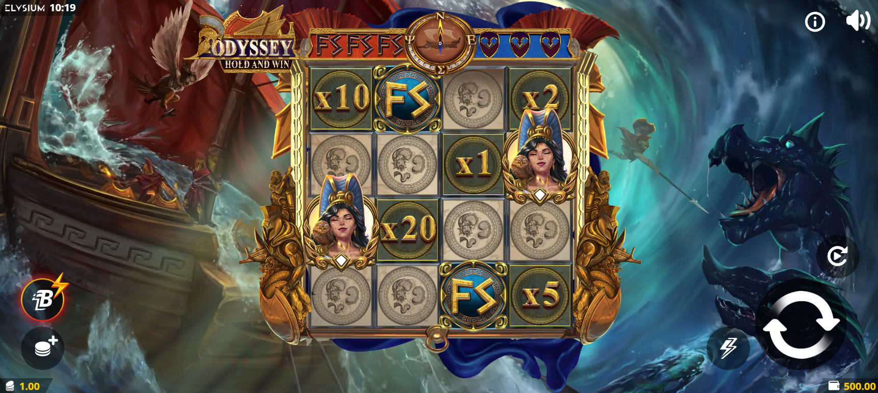 Odyssey Hold and Win base game gameplay showing the 4x4 grid