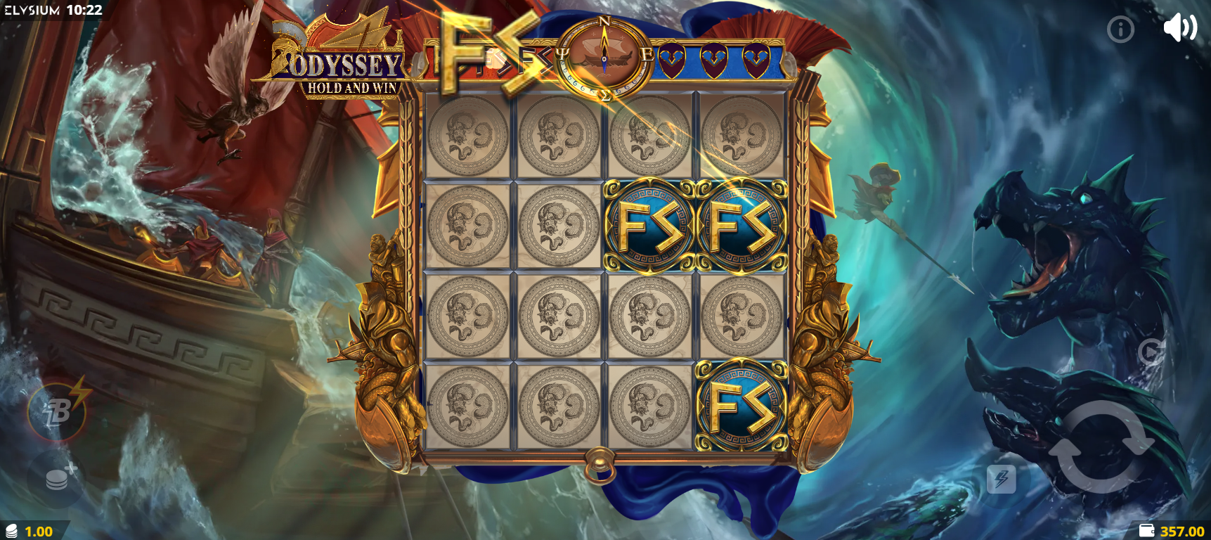 Odyssey Hold and Win Free Spins trigger showing three scatter symbols