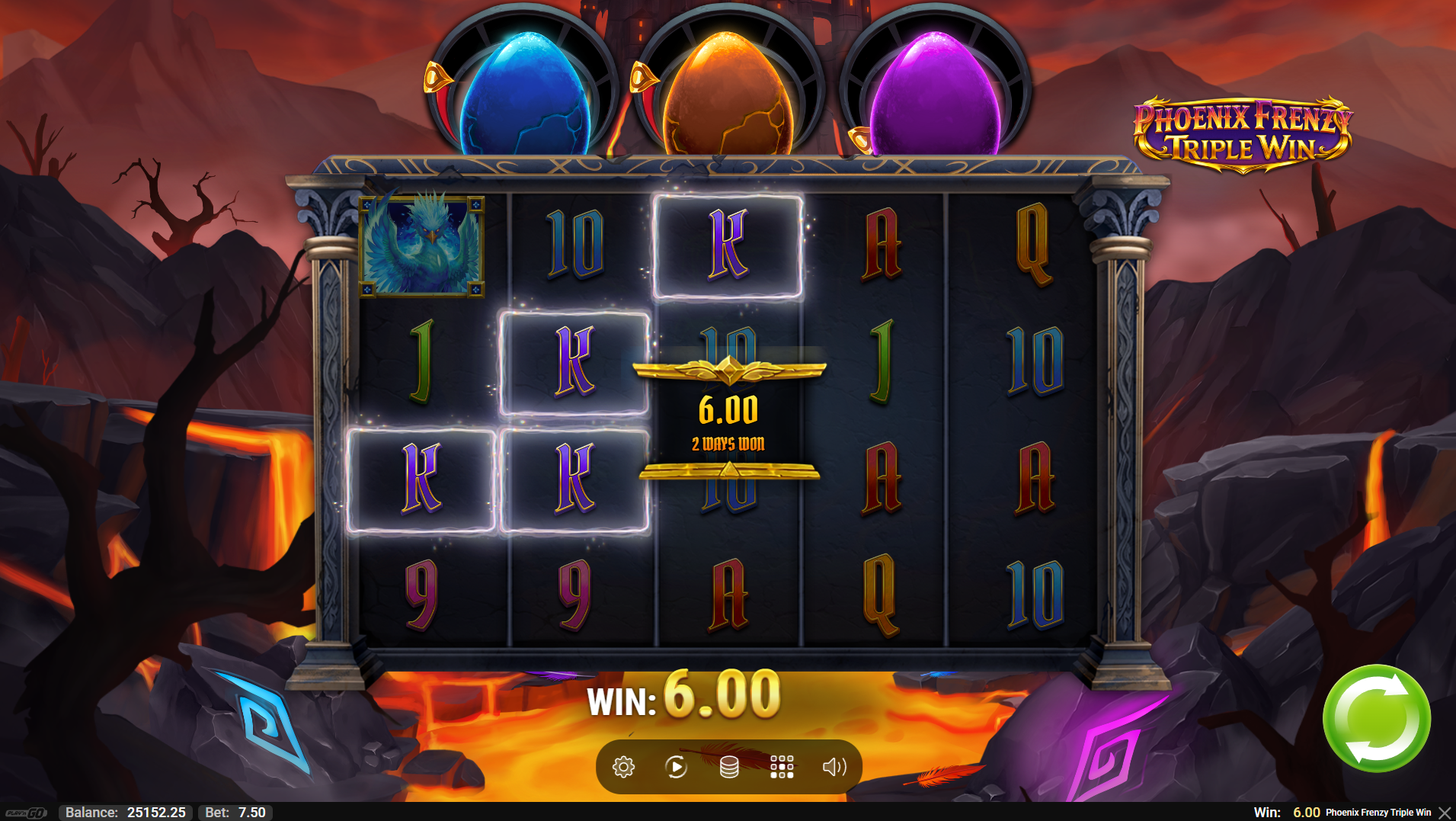 Phoenix Frenzy Triple Win base game showing the 5-reel grid with colored Mystery Orb symbols