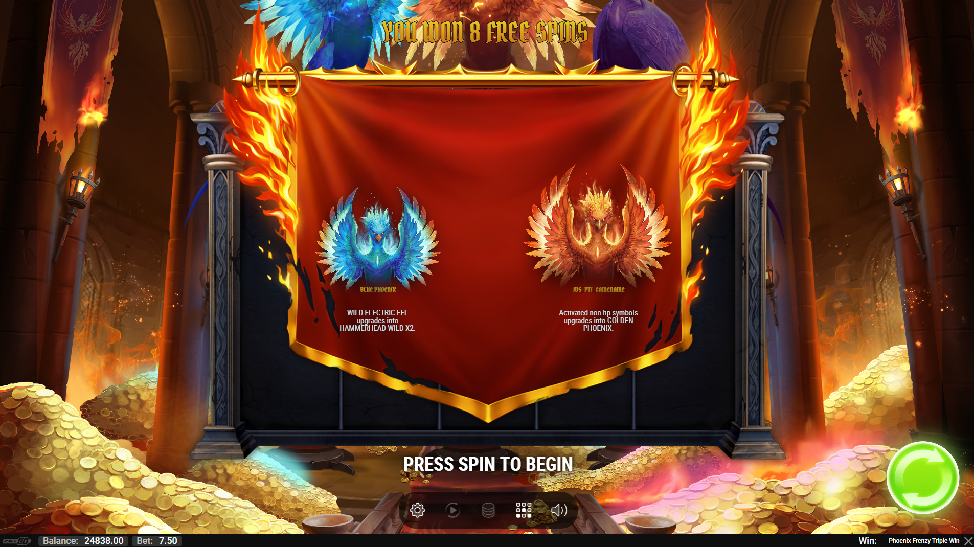 Phoenix Frenzy Triple Win Blue Phoenix and Golden Phoenix Rebirth bonus trigger screen