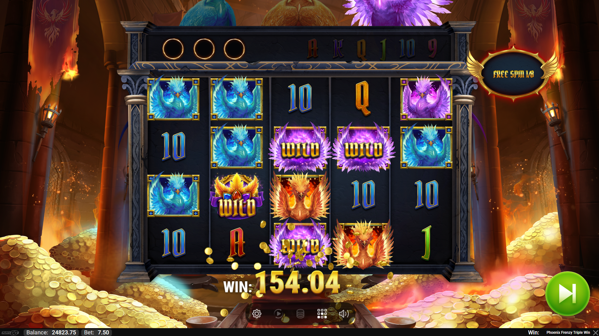Phoenix Frenzy Triple Win Purple Phoenix Rebirth free spins gameplay showing purple wilds