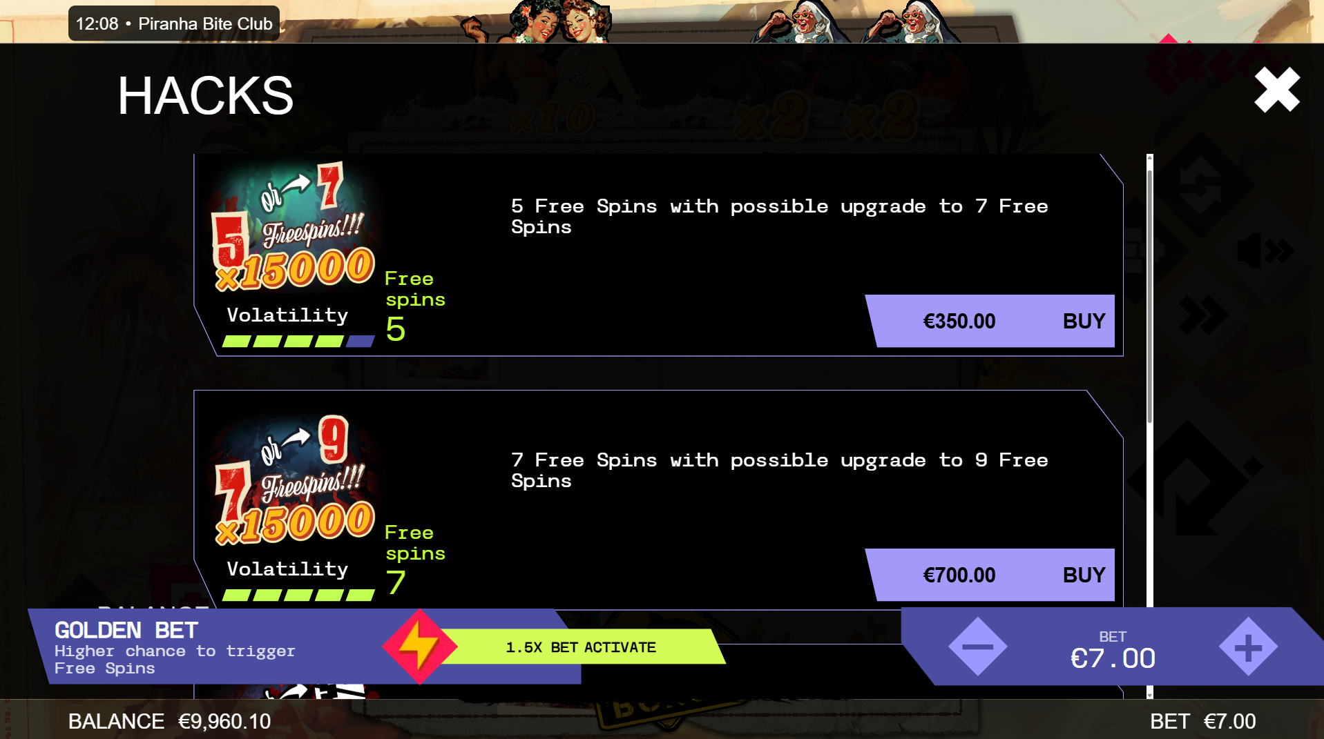 Piranha Bite Club slot bonus buy options 1 and 2