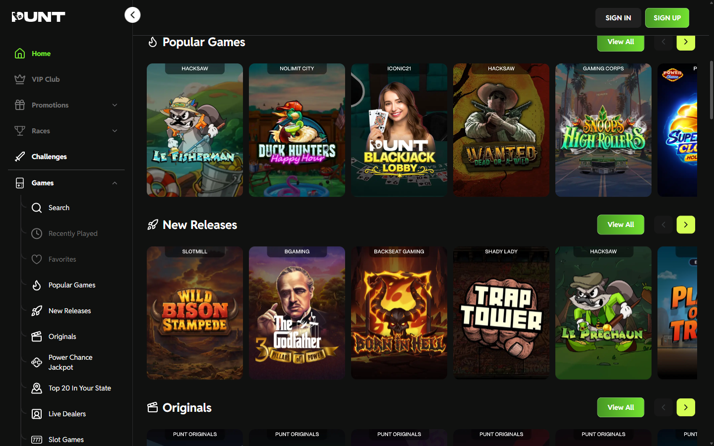 Punt Casino slot games lobby showing Popular Games and New Releases rows