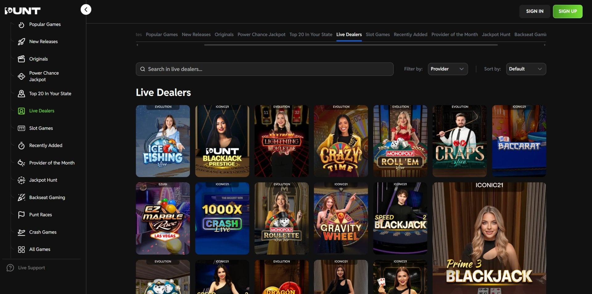 Punt Live Casino Lobby