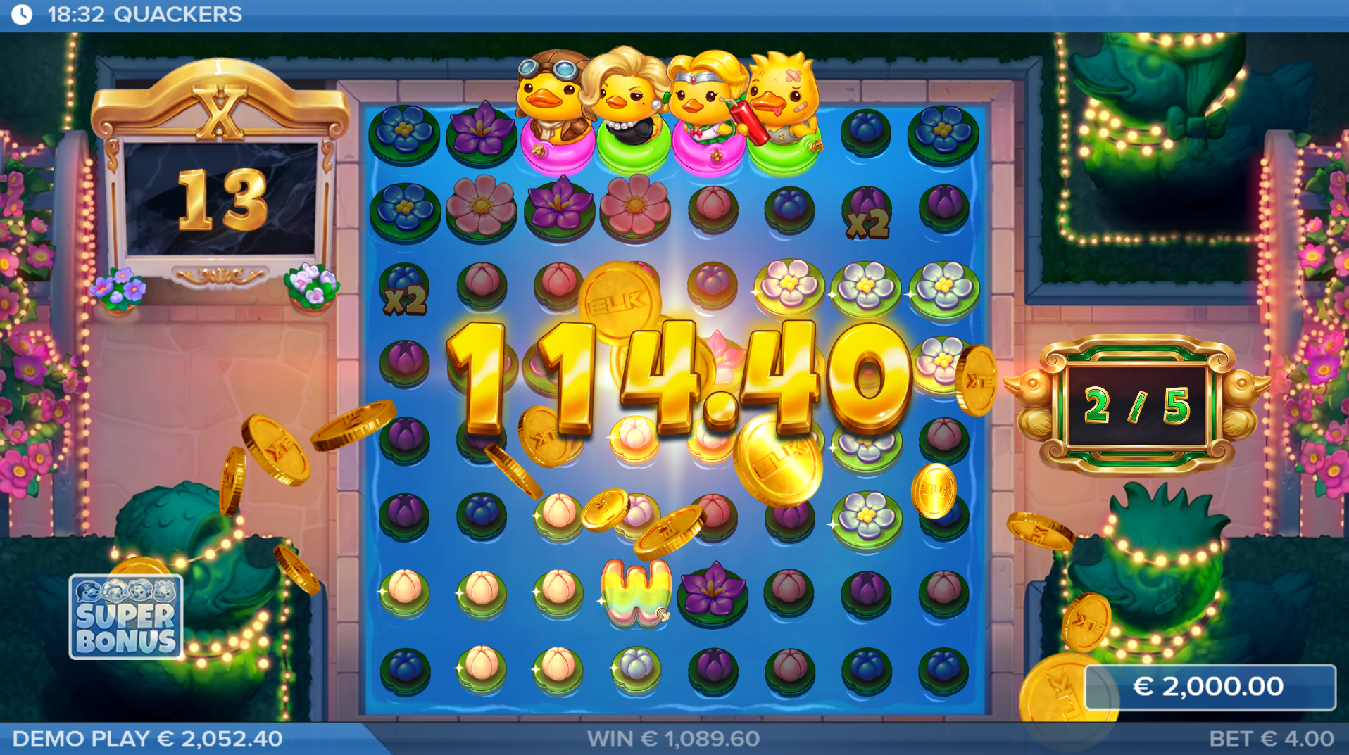 Quackers Super Bonus round with all four duck characters active on 8x8 grid