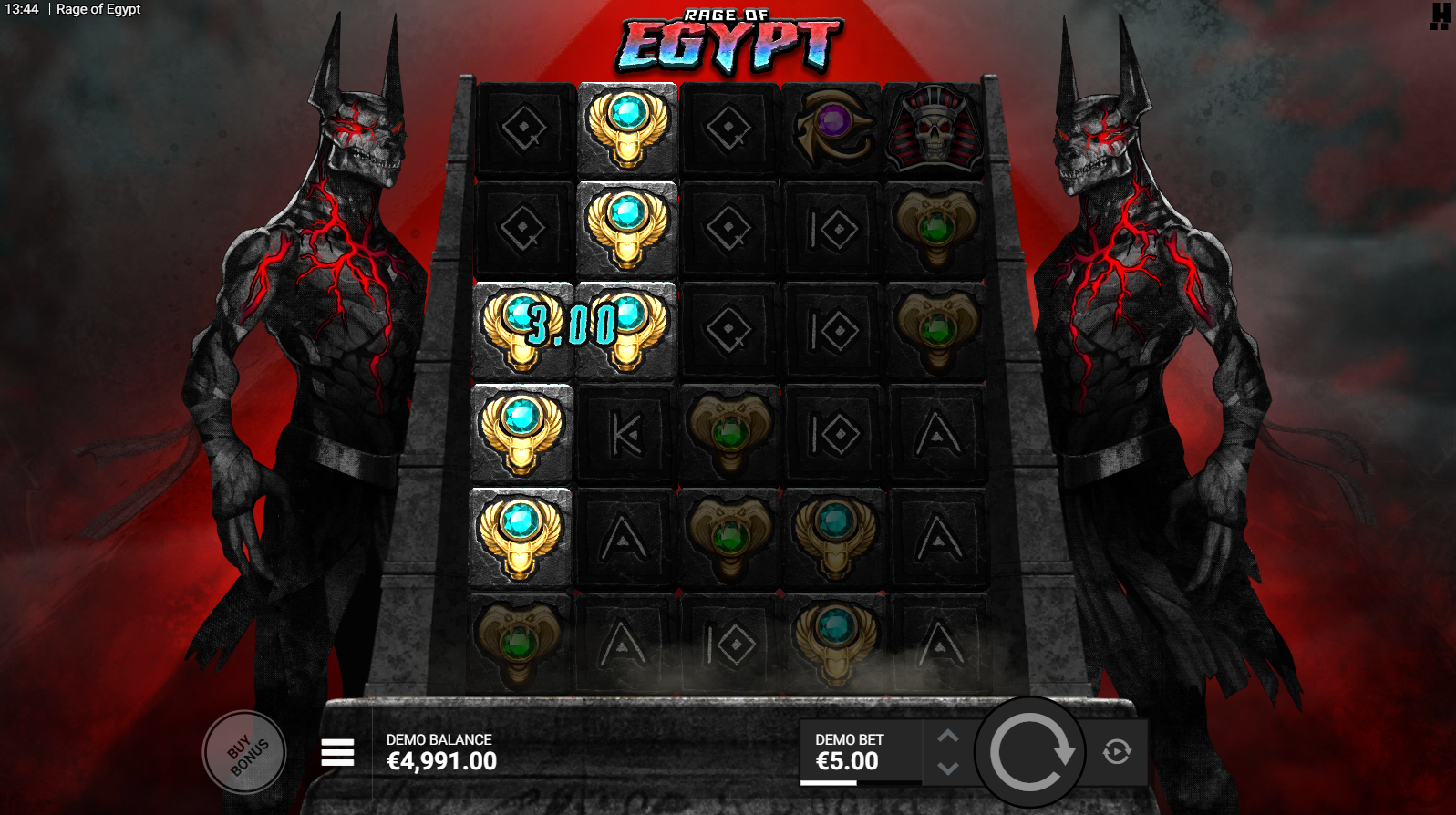 Rage of Egypt base game showing the 5x6 cluster pays grid with Soul Orb wild symbols