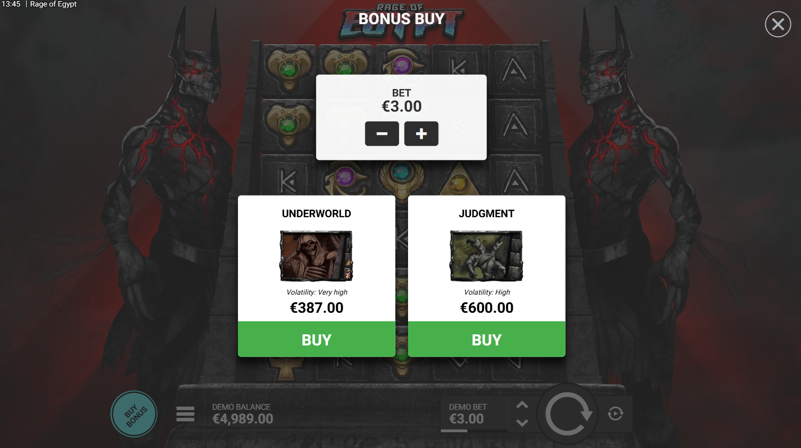 Rage of Egypt bonus buy options screen showing Underworld and Judgment purchase choices
