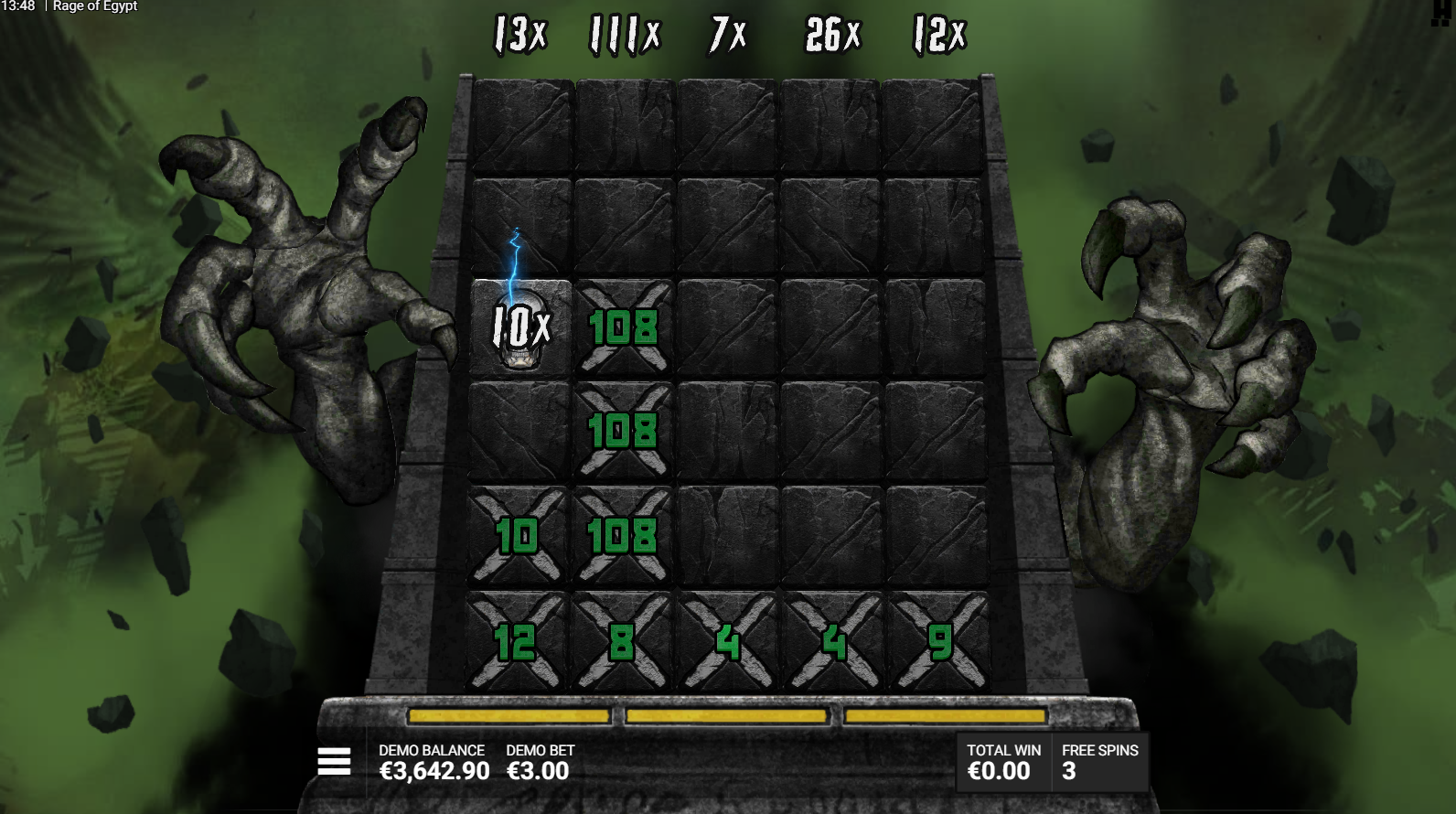 Rage of Egypt Judgment Bonus feature showing block symbols and reel multipliers