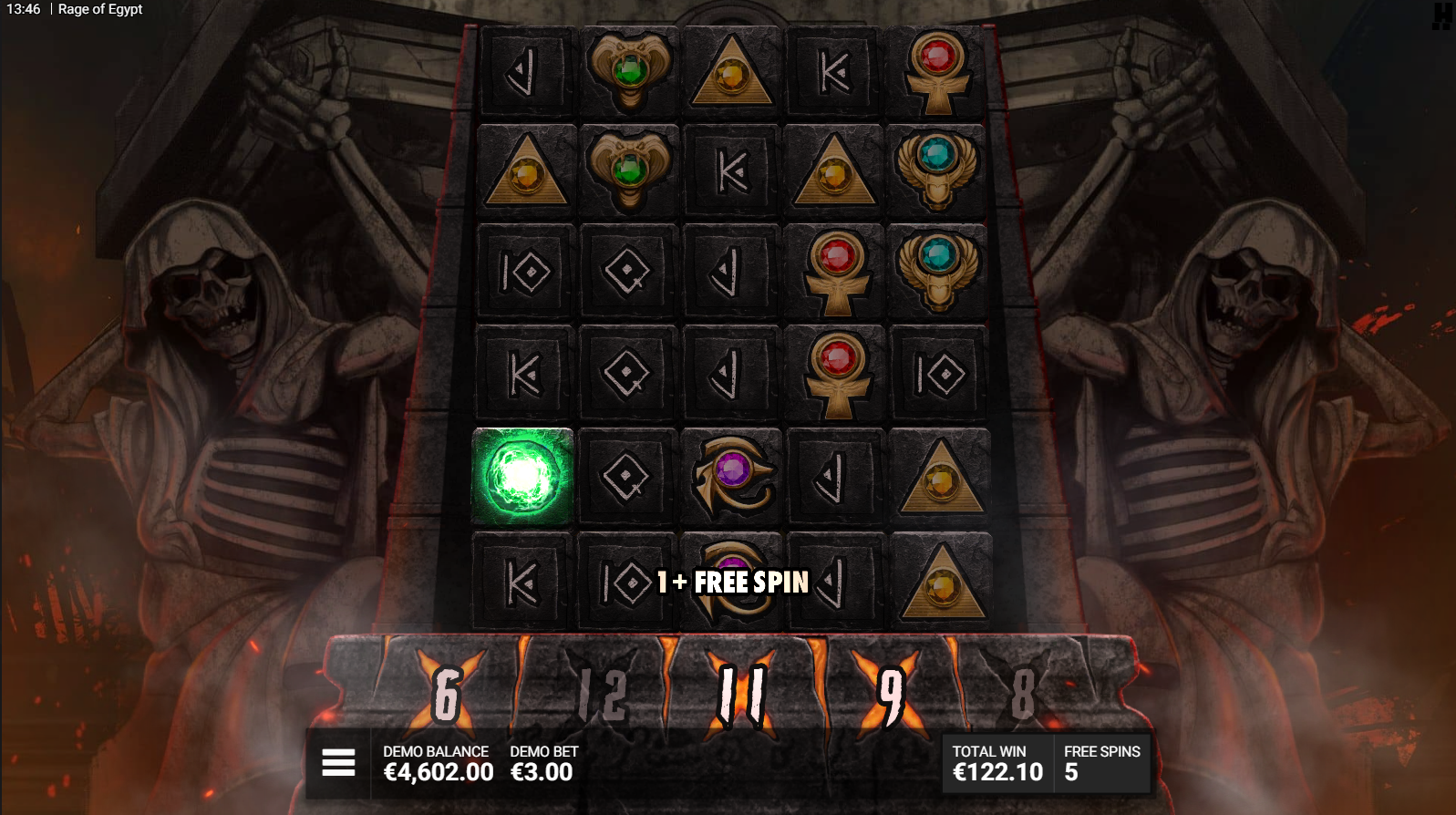 Rage of Egypt Underworld Bonus free spins with green Soul Orb and reel multipliers active