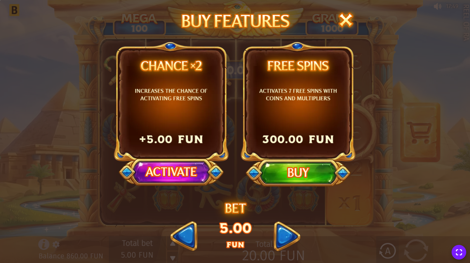 Reel of Ra Buy Bonus options menu showing Free Spins and Chance x2 purchase choices