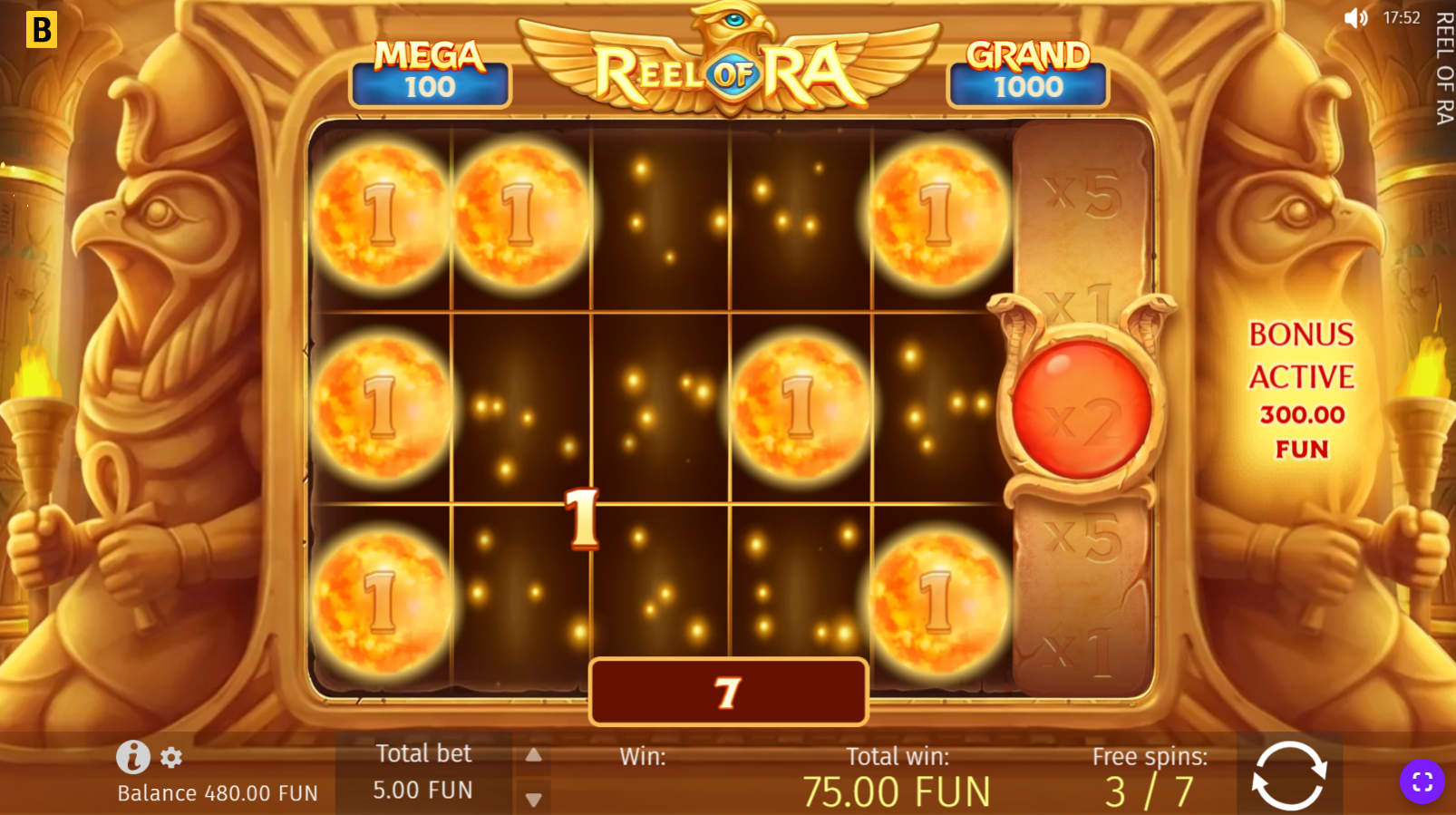 Reel of Ra bonus game screen showing the Coin-only reels and Multiplier Reel