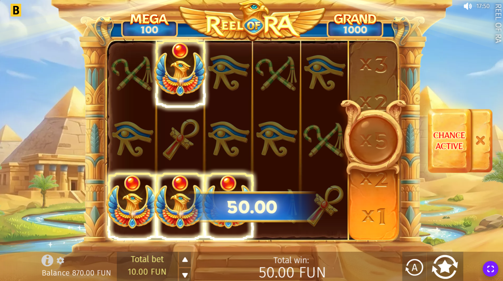 Reel of Ra with Chance x2 feature enabled, showing the raised-bet interface