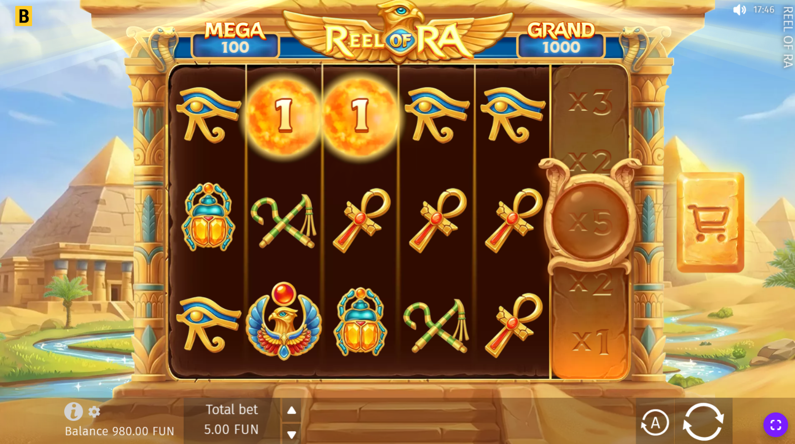 Reel of Ra Coin symbols showing the range of values from 1 through to the Mega Prize Coin at 100