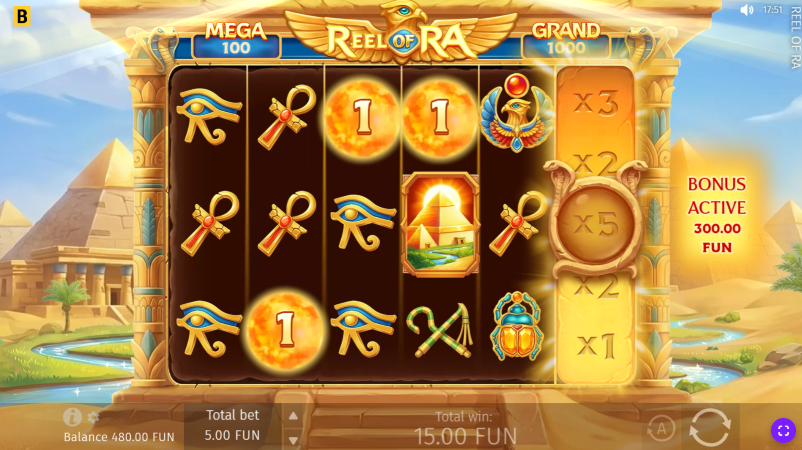Reel of Ra Free Spins feature with Coin symbols and Multiplier Reel active
