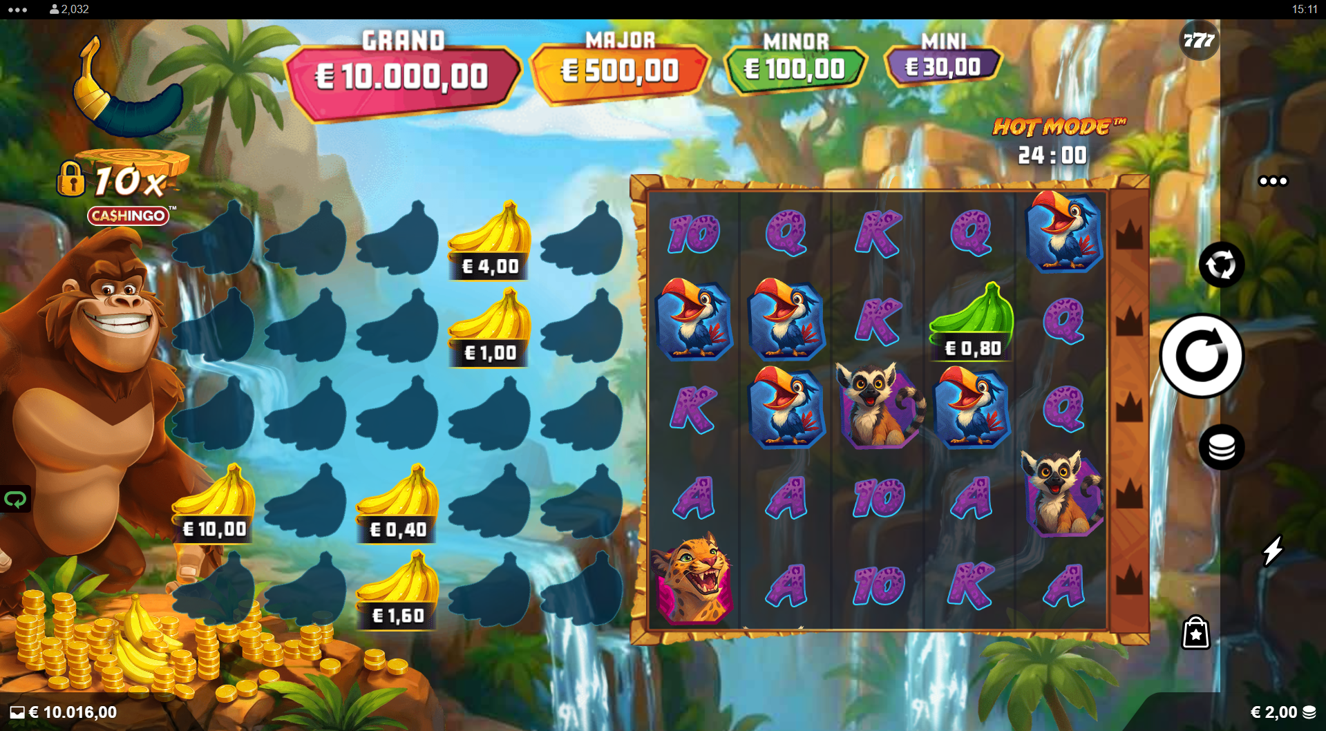 Rumble Kong Cashingo base game showing 5x5 reel grid with Banana symbols and CASHINGO grid