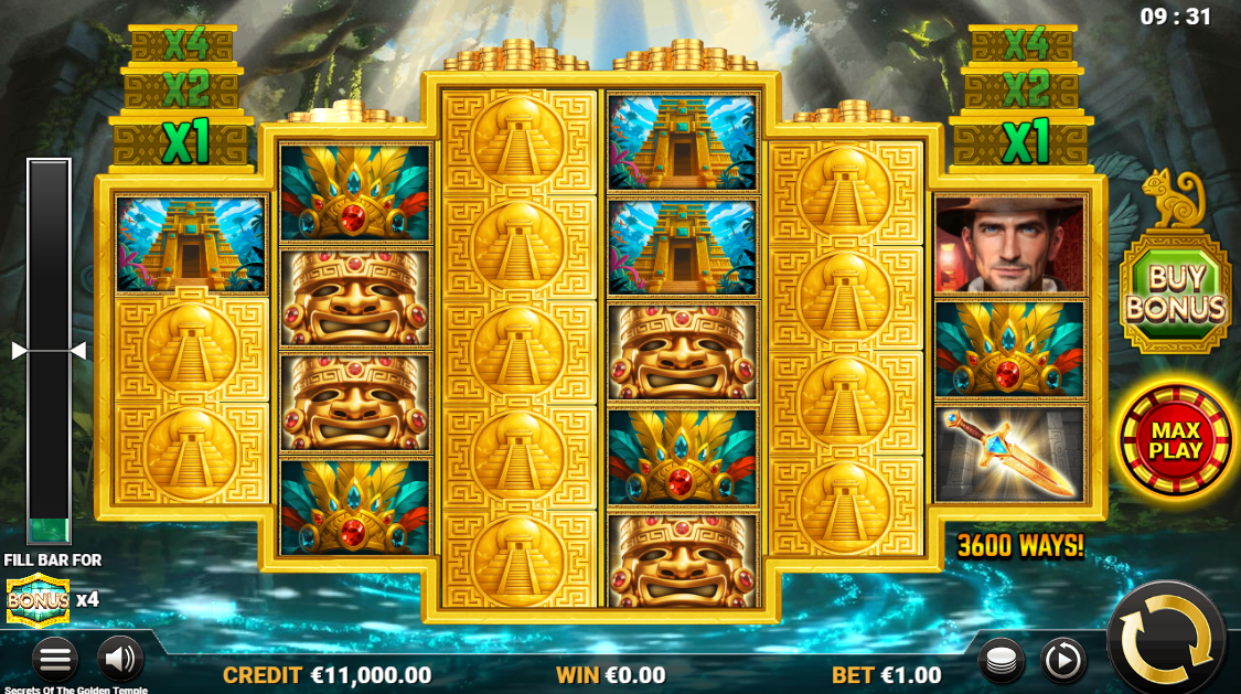 Secrets of the Golden Temple base game showing 6 reels with coins and collectors