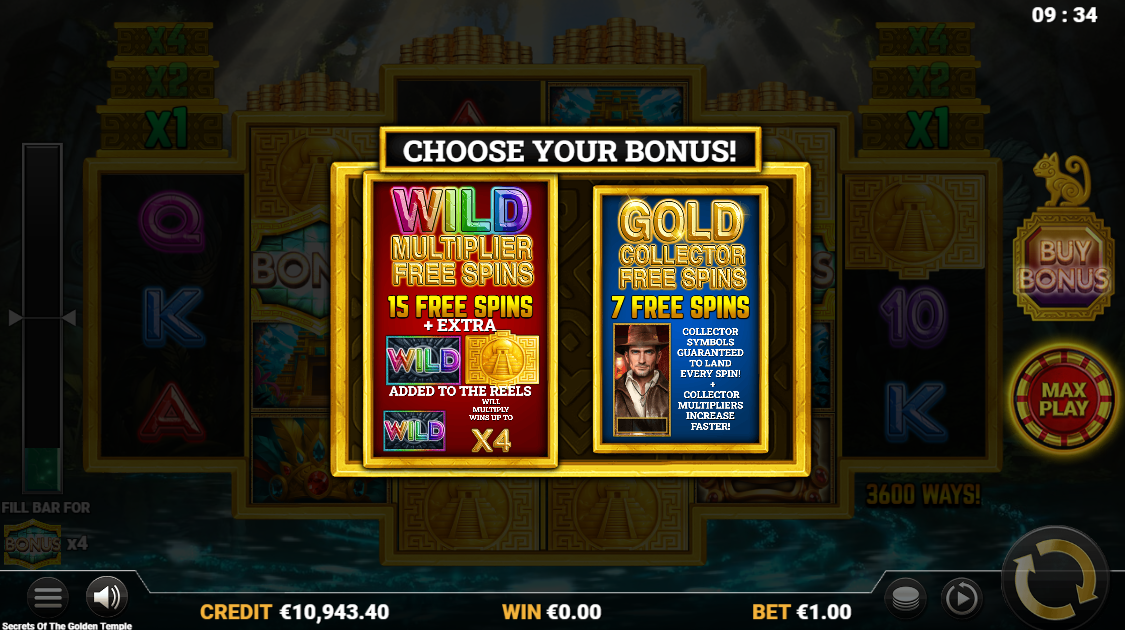 Secrets of the Golden Temple bonus choice screen between Gold Collector and Wild Multiplier Free Spins