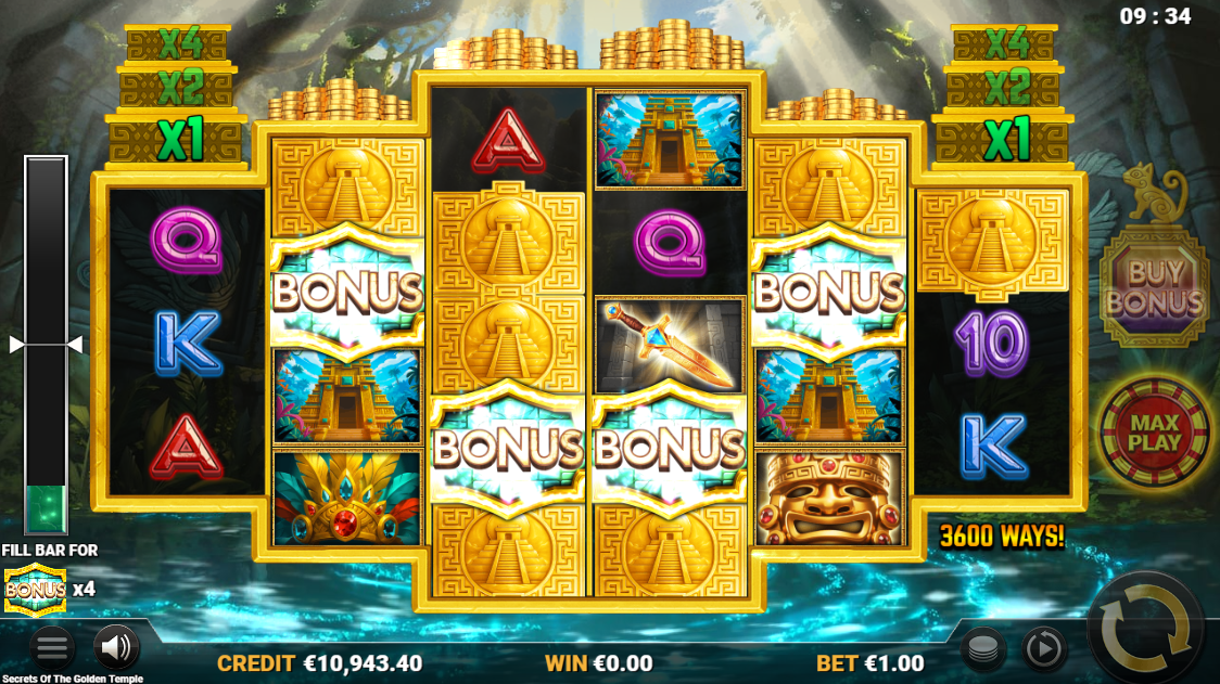 Secrets of the Golden Temple Free Spins trigger with 3 bonus symbols on centre reels