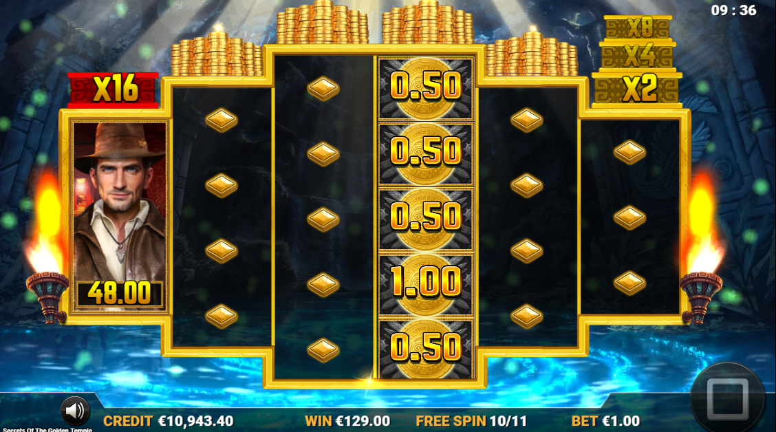 Secrets of the Golden Temple Gold Collector Free Spins mode with coin stacks building above the reels