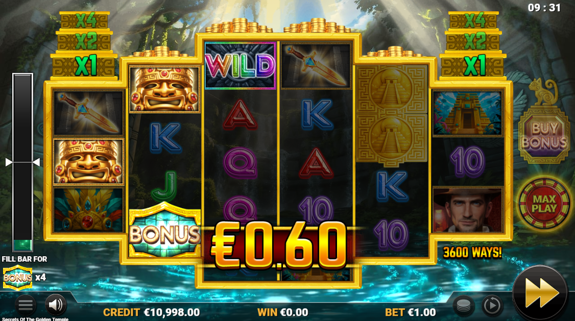 Secrets of the Golden Temple showing 3600 ways to win on the 6-reel grid