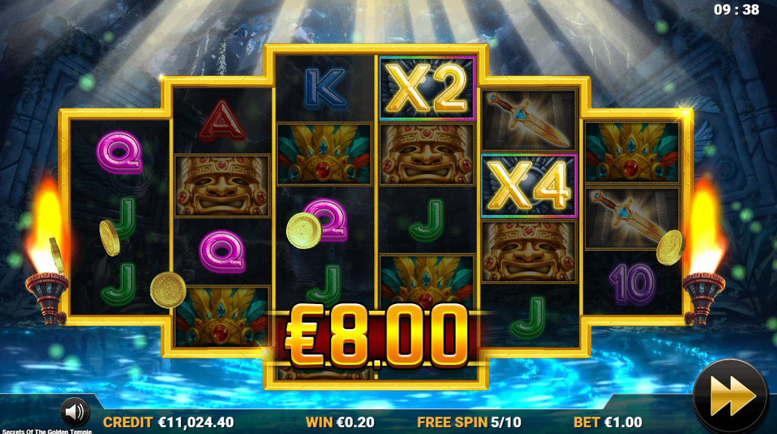 Secrets of the Golden Temple Wild Multiplier Free Spins mode showing wild symbols with multipliers