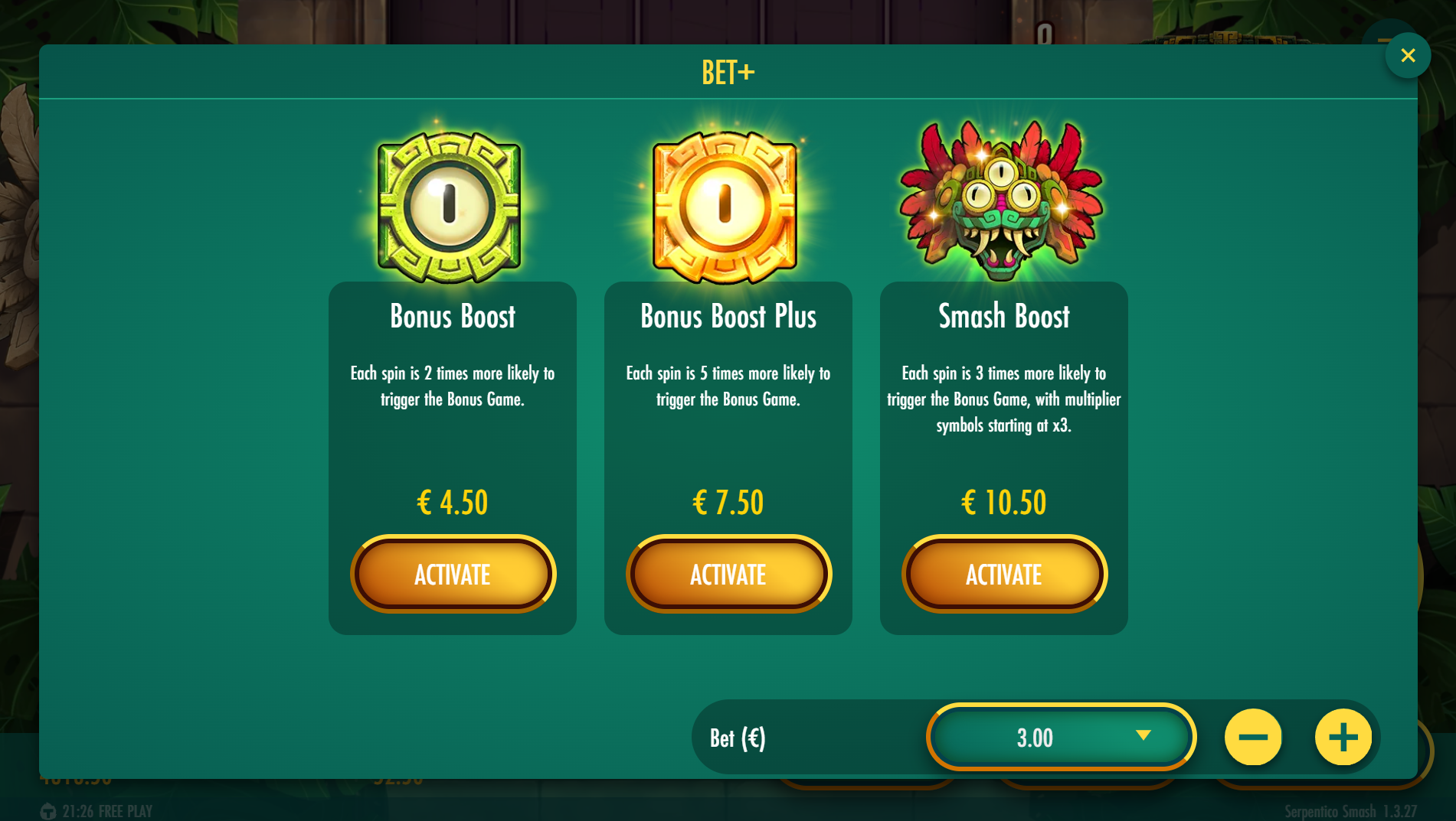 Serpentico Smash Bet+ and buy options menu