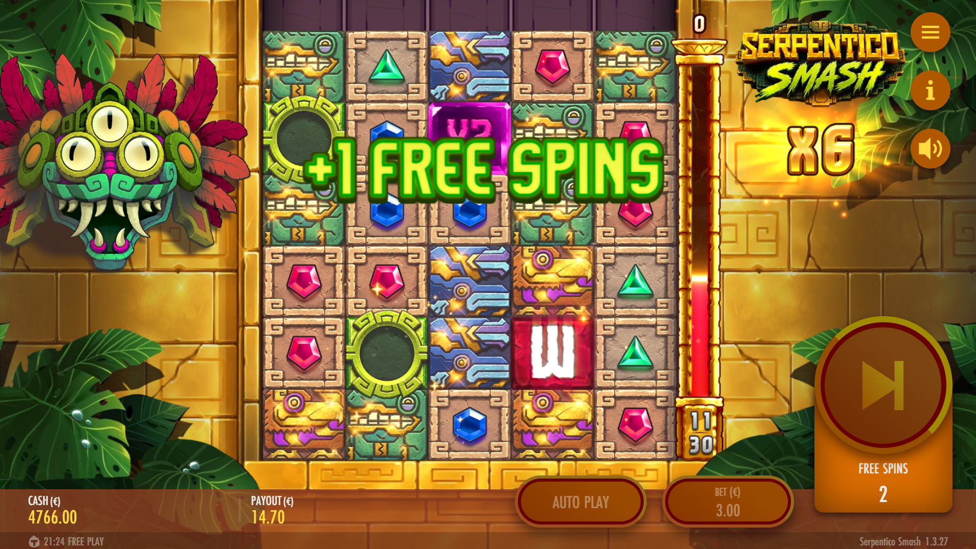 Serpentico Smash Free Spins bonus round with multipliers active