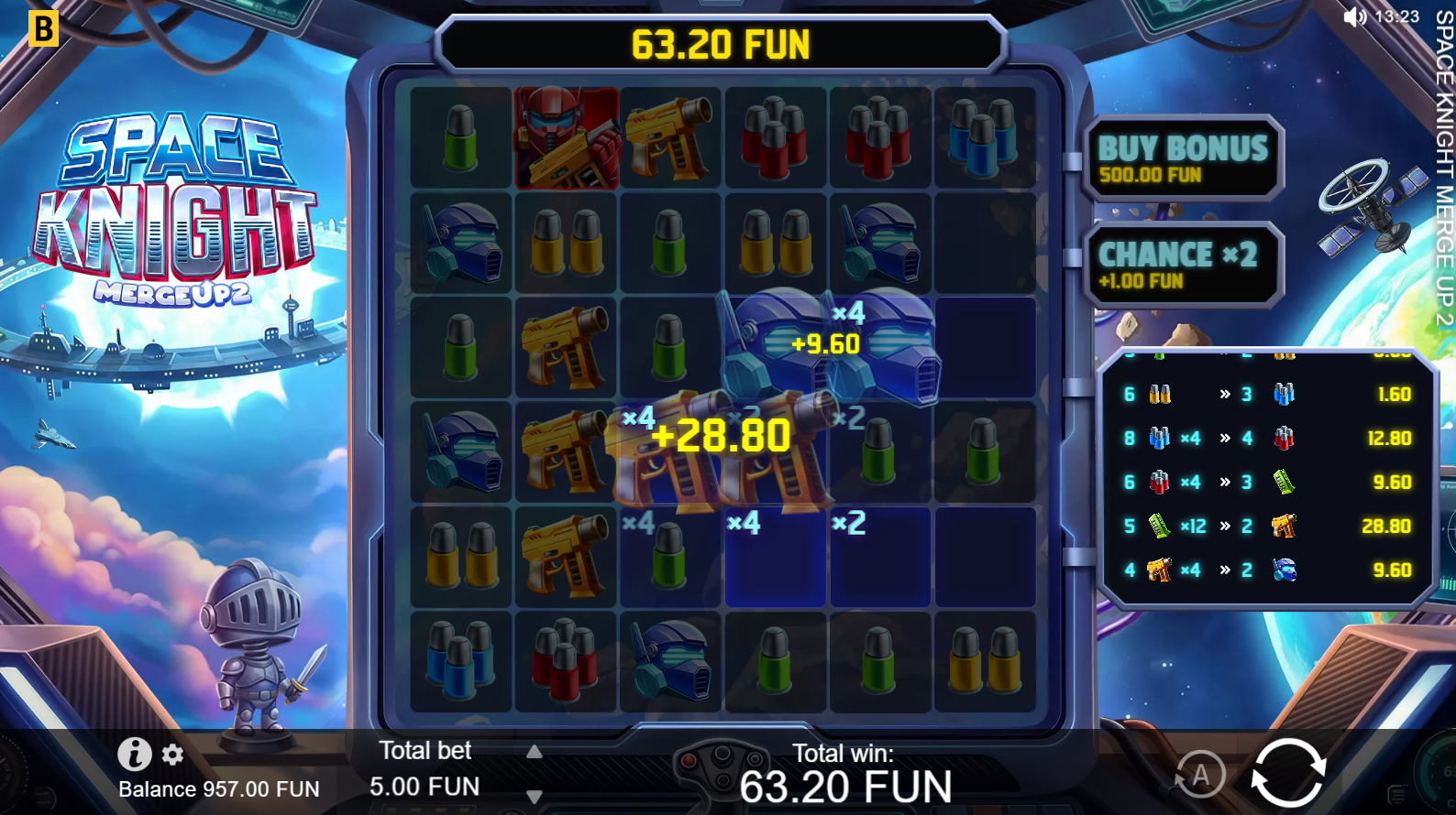 Space Knight Merge Up 2 base game showing the 6-reel cluster pays grid