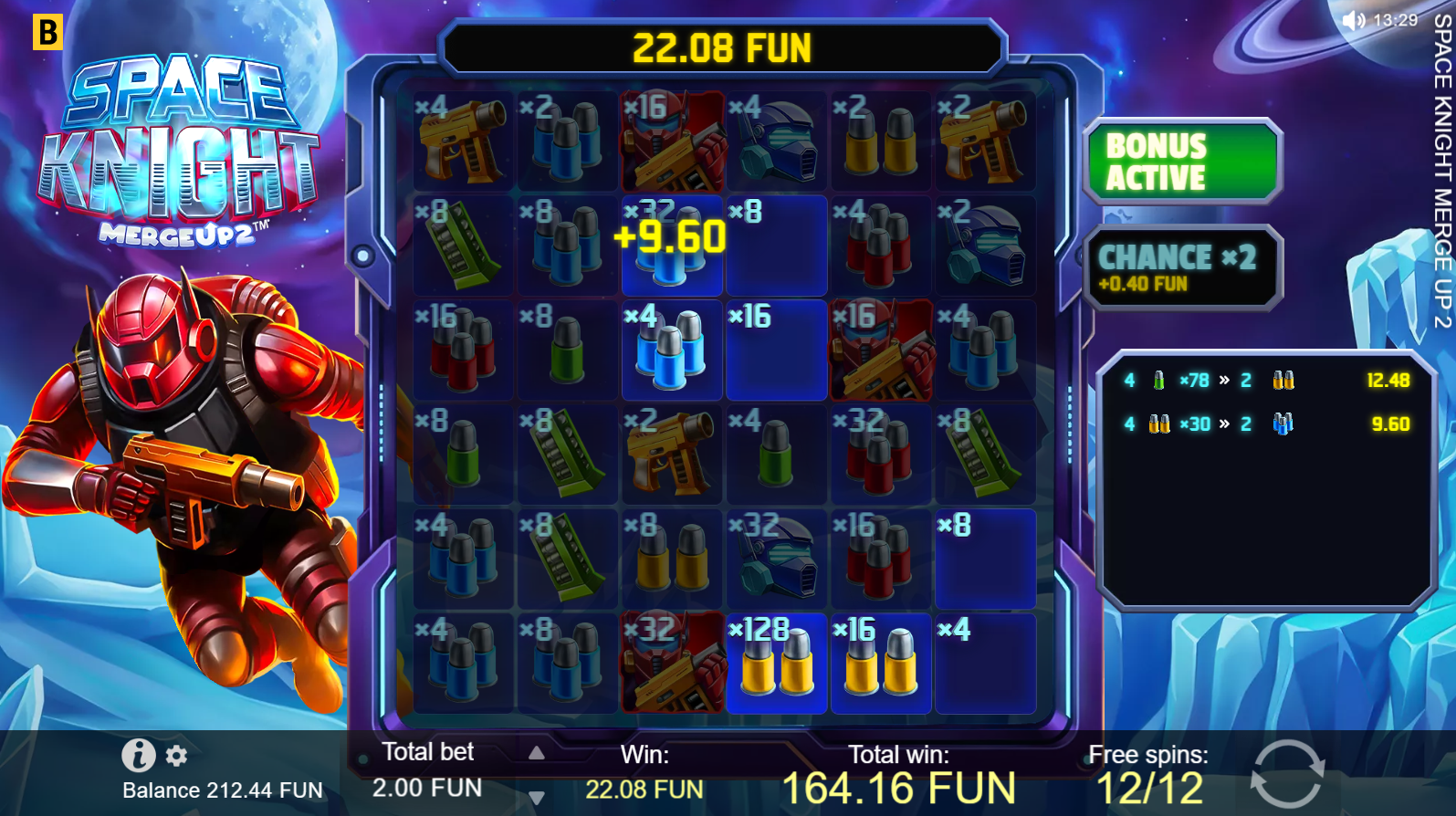 Space Knight Merge Up 2 bonus round 2 - Free Spins with x2 multiplier per cell