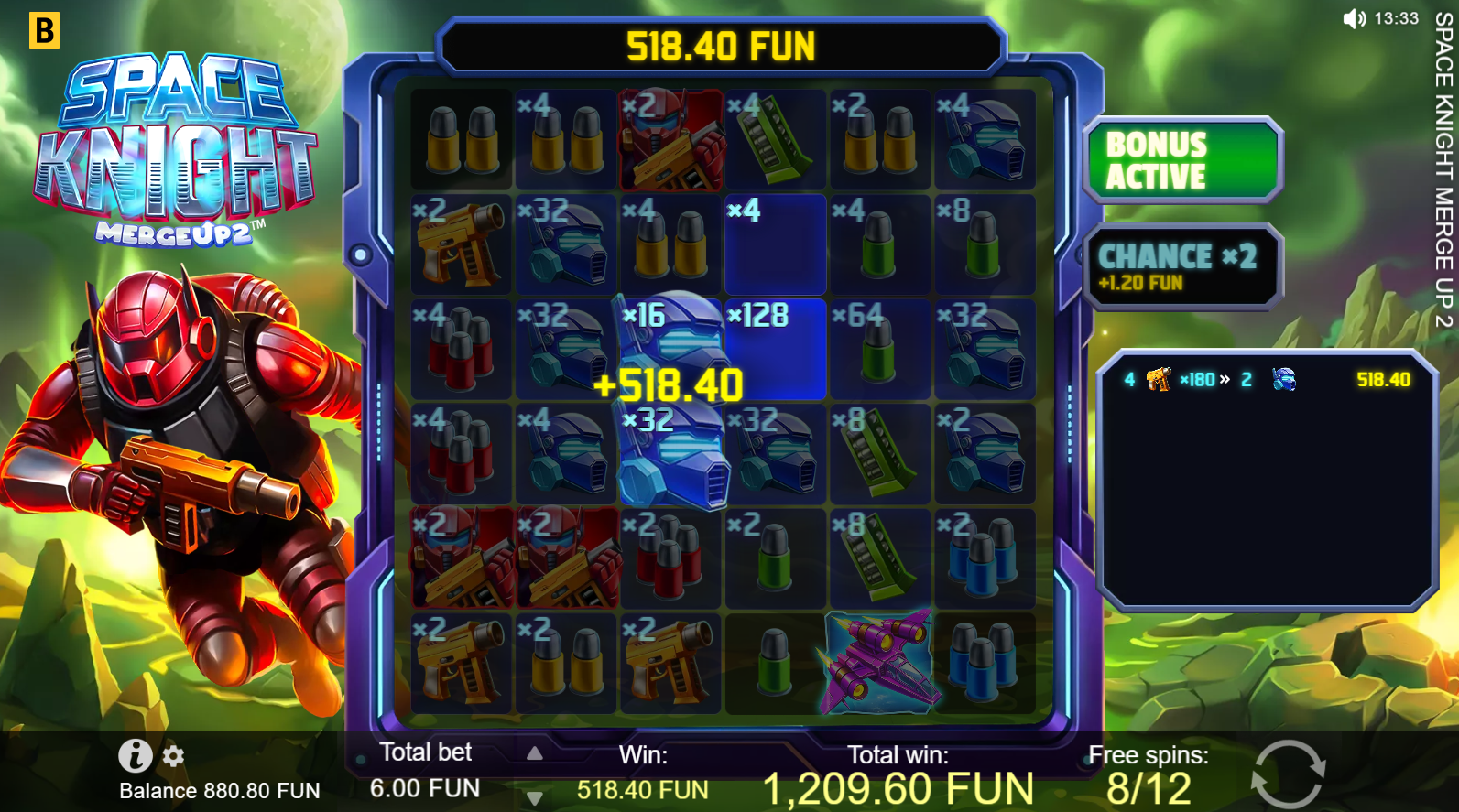 Space Knight Merge Up 2 bonus round 3 - Bomb pre-placement before Free Spins