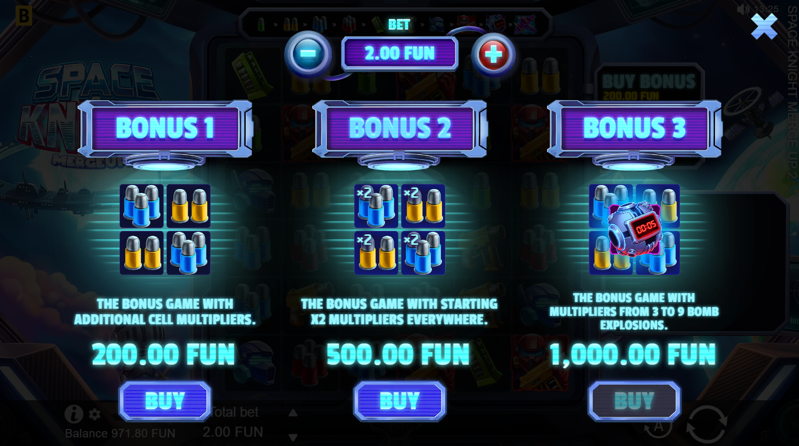 Space Knight Merge Up 2 bonus buy options showing three purchasable bonus variants
