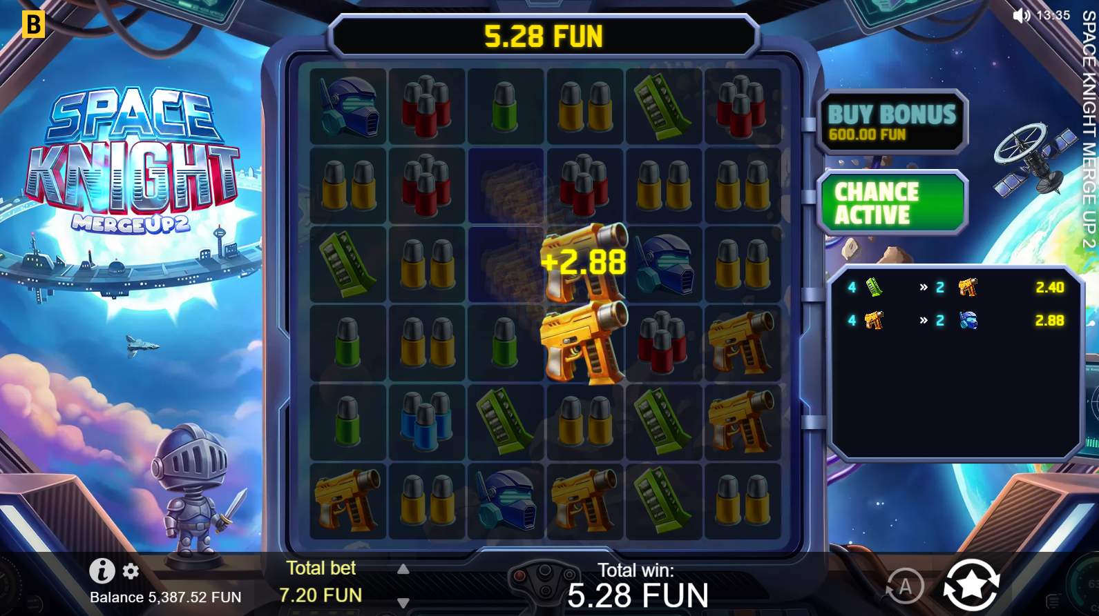 Space Knight Merge Up 2 Chance X2 feature active - cell multipliers in play
