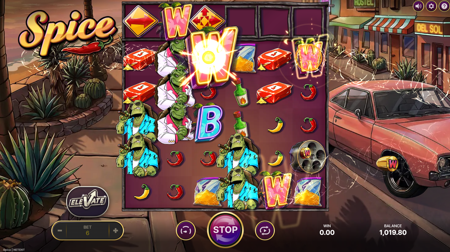 Spice slot base game showing the 6x6 grid with Bet Ways mechanic