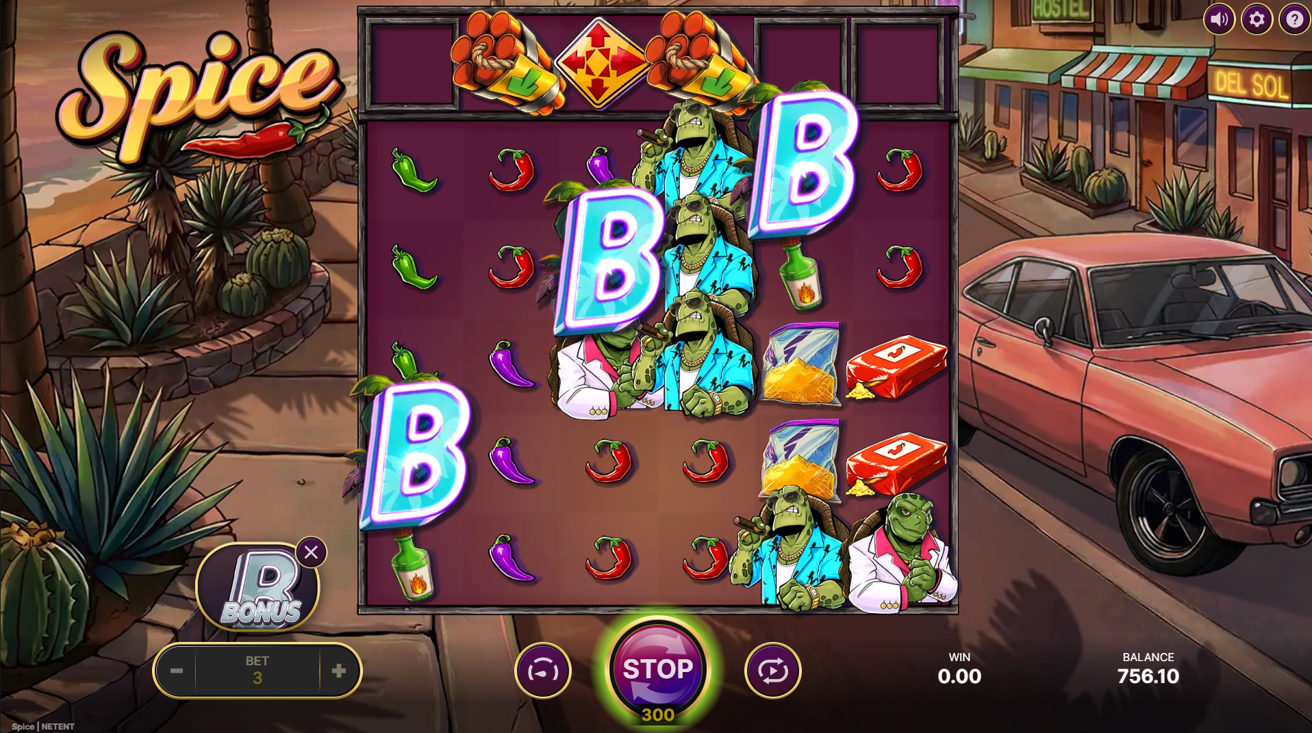 Spice slot Free Spins special symbols including B Super, B, and +3 symbols