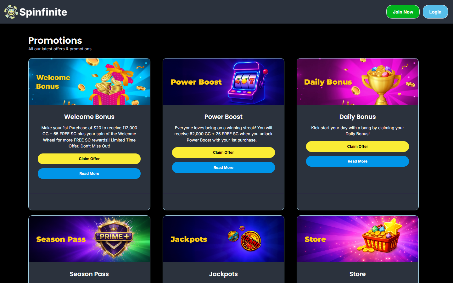 Spinfinite promotions page showing Welcome Bonus, Power Boost, Daily Bonus, Season Pass and Jackpots offers with GC and SC values