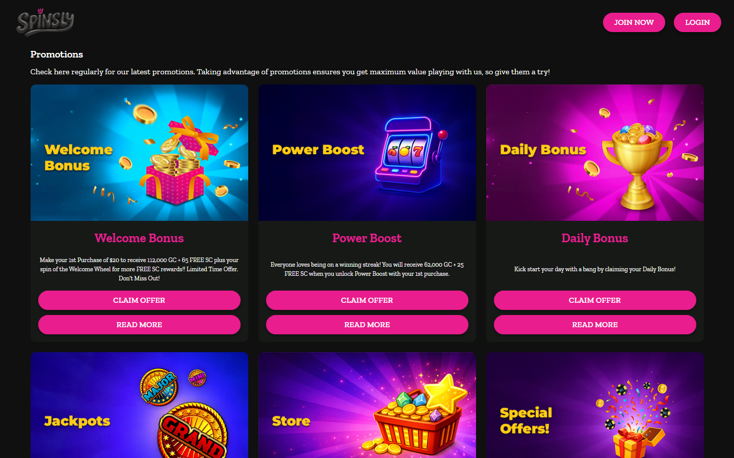 Spinsly promotions page listing Welcome Bonus, Power Boost, Daily Bonus and Jackpots offers with Gold Coin and Sweeps Coin rewards